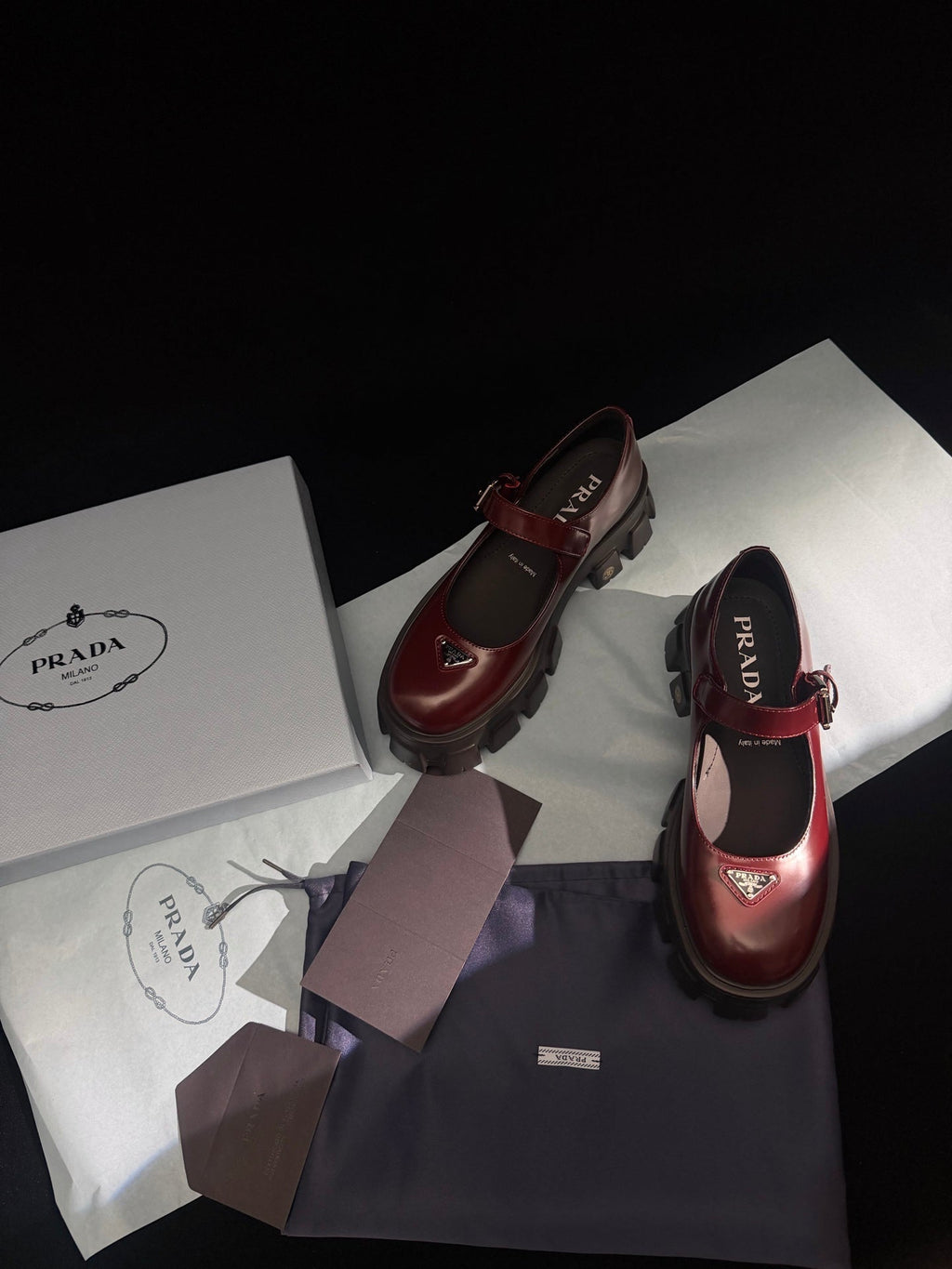 Prada Brushed Monolith Mary Janes Loafer Burgundy Leather 606061