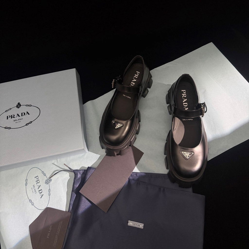 Prada Brushed Monolith Mary Janes Loafer Black Leather 606064