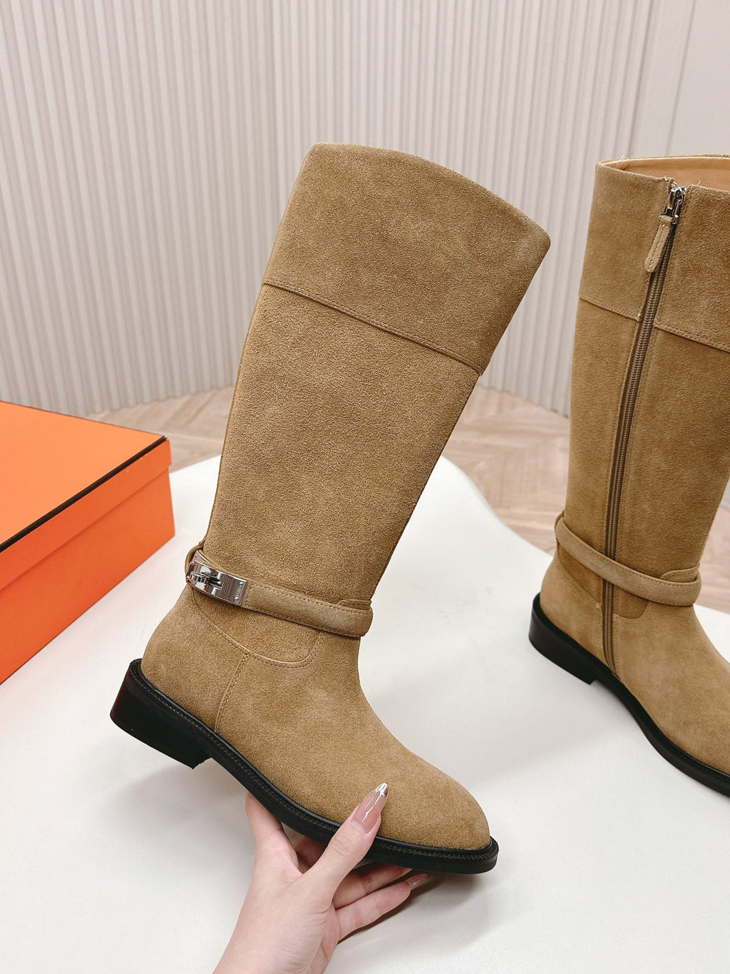 HERMES KNEE HIGH BOOTS IN CIDER BROWN SUEDE WITH SILVER BUCKLE