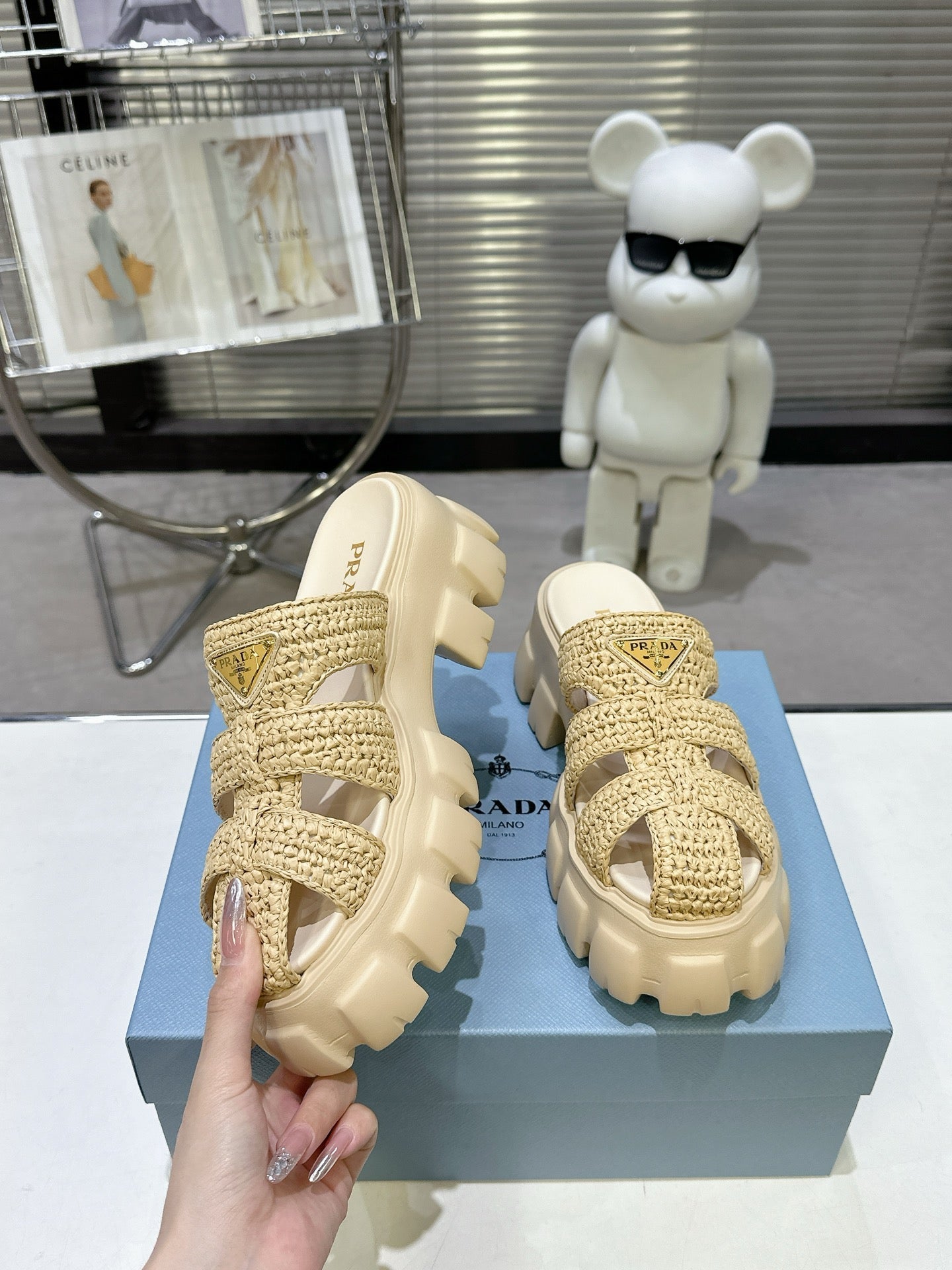 Prada Monolith Sandals 55mm Beige Raffia Cowhide 564336