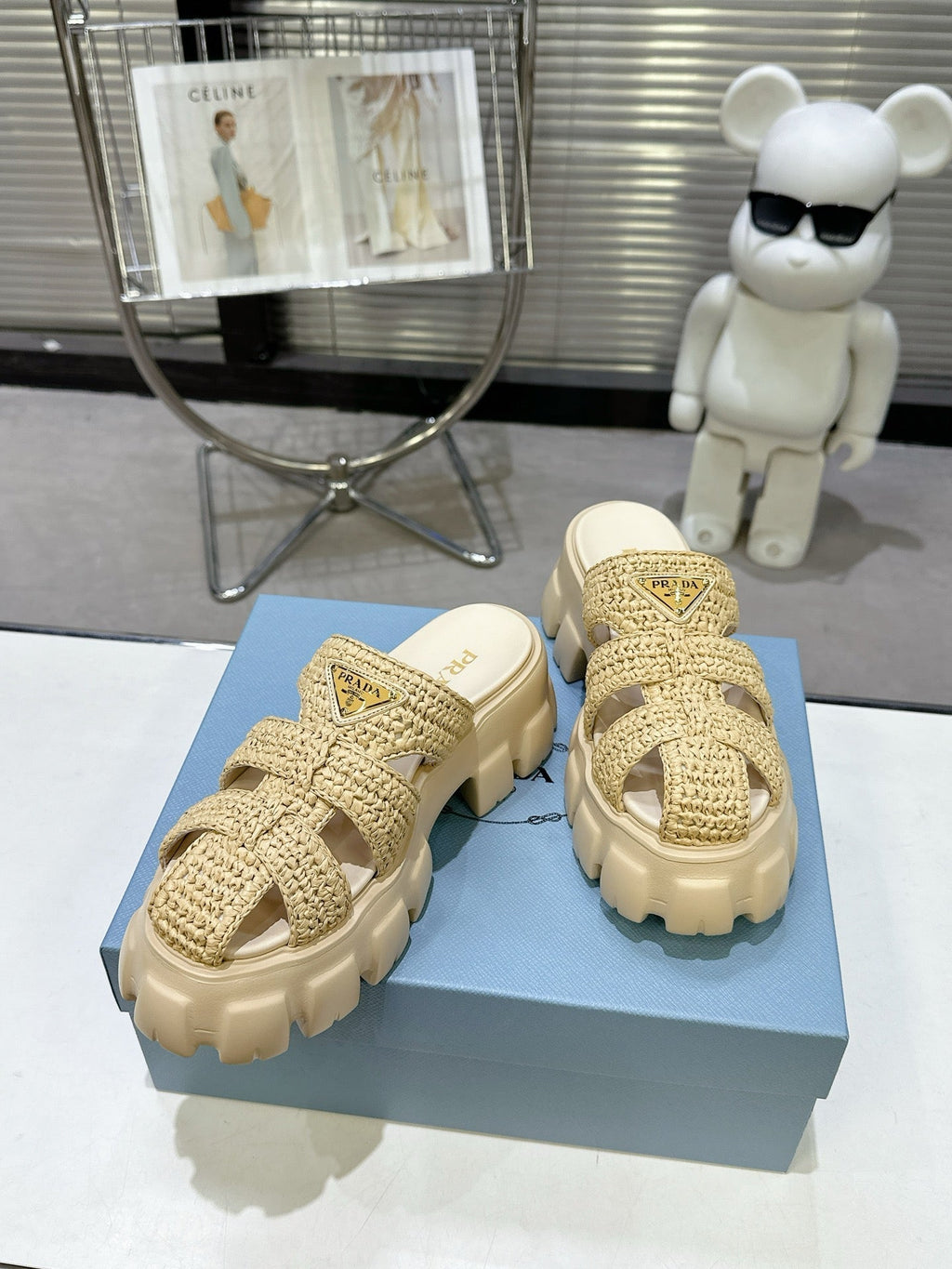 Prada Monolith Sandals 55mm Beige Raffia Cowhide 564336