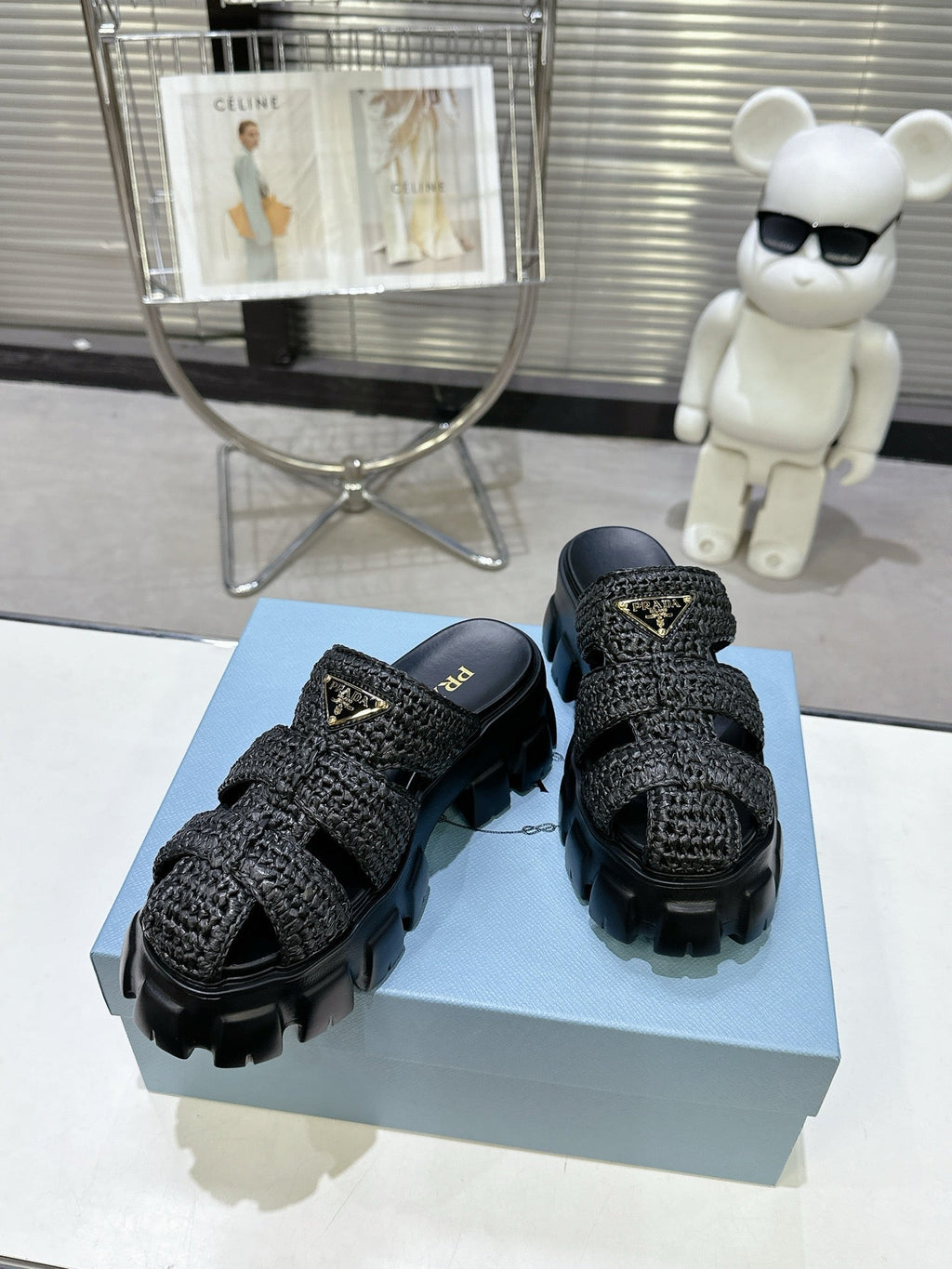 Prada Monolith Sandals 55mm Black Raffia Cowhide