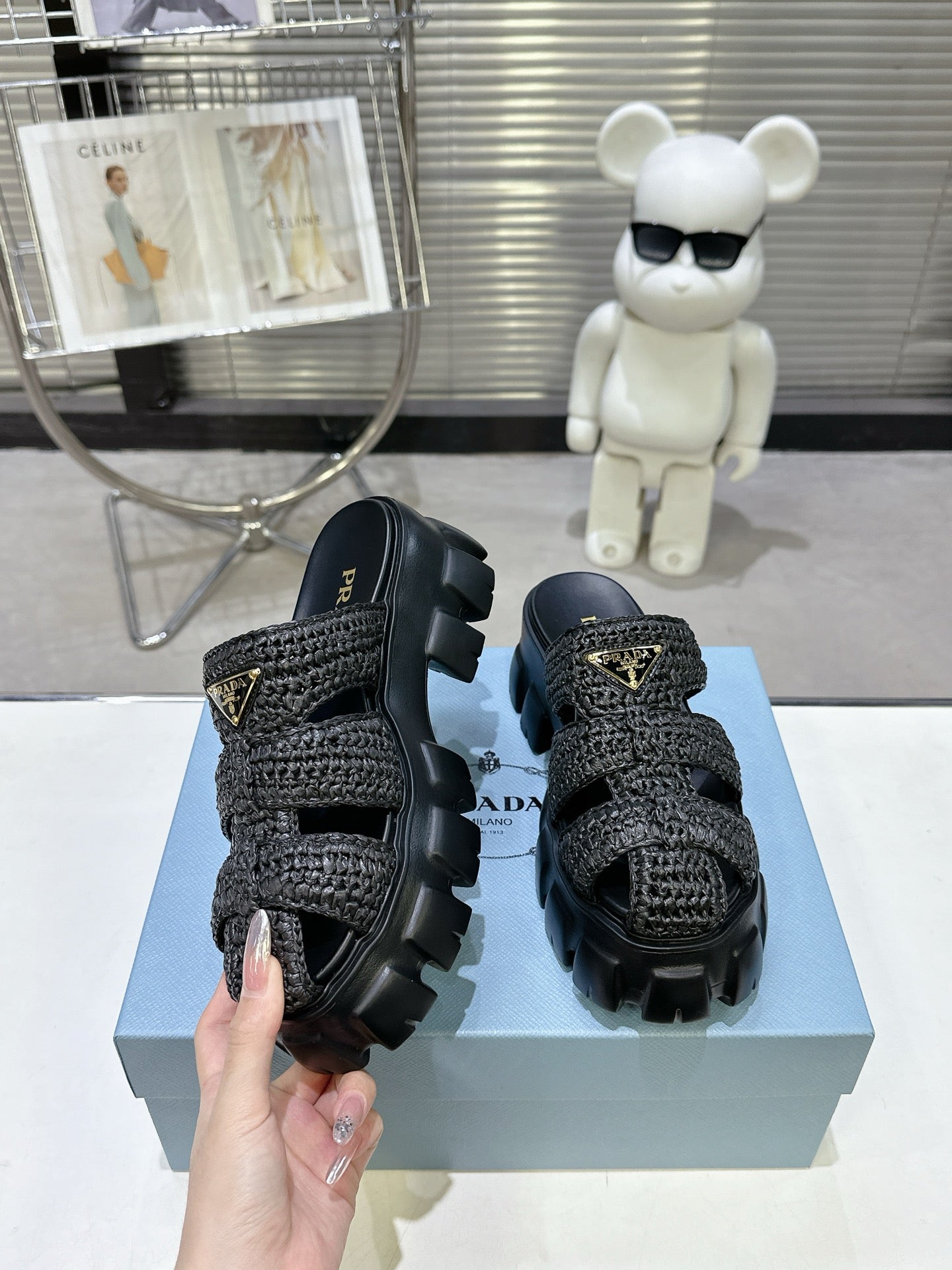 Prada Monolith Sandals 55mm Black Raffia Cowhide