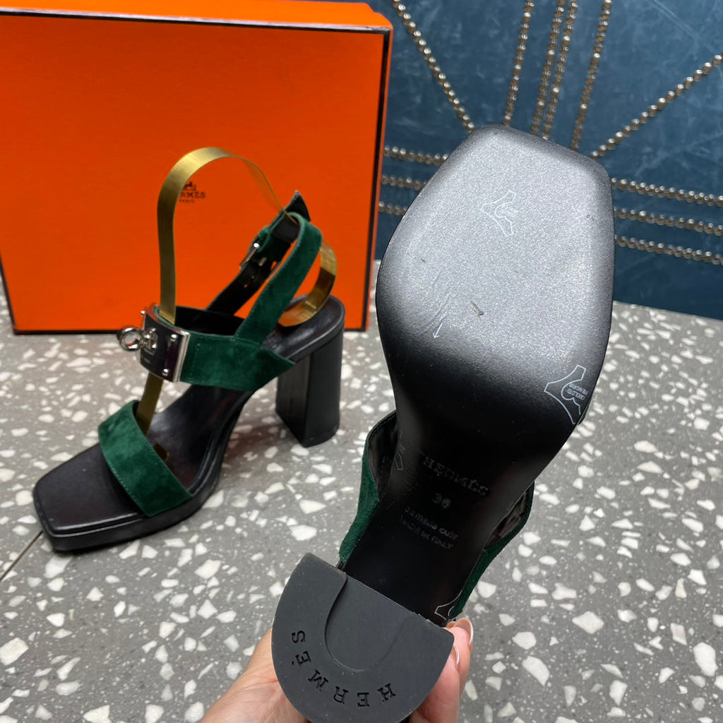 HERMES ILONA SANDAL 95 DARK GREEN SUEDE