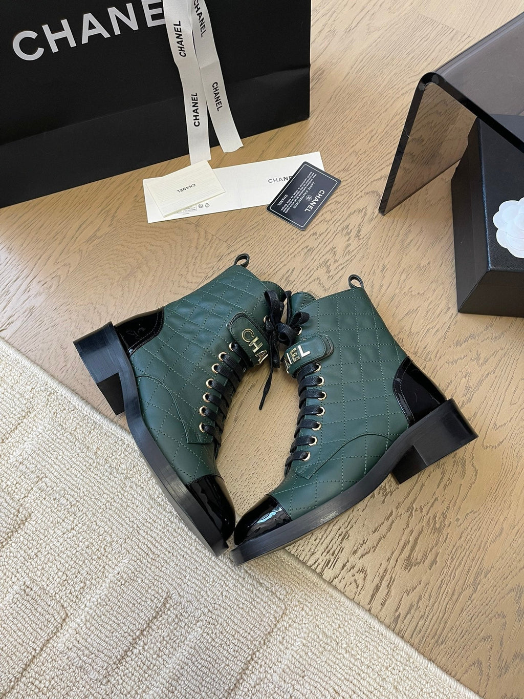 CHANEL ALPHABET MARTIN BOOTS IN FOREST GREEN LAMBSKIN