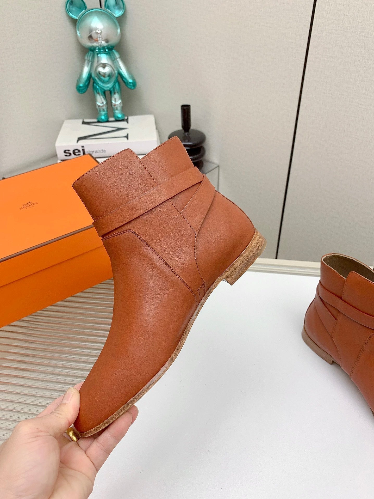 HERMES WOMEN'S NEO ANKLE BOOT IN ALLOY ORANGE CALFSKIN