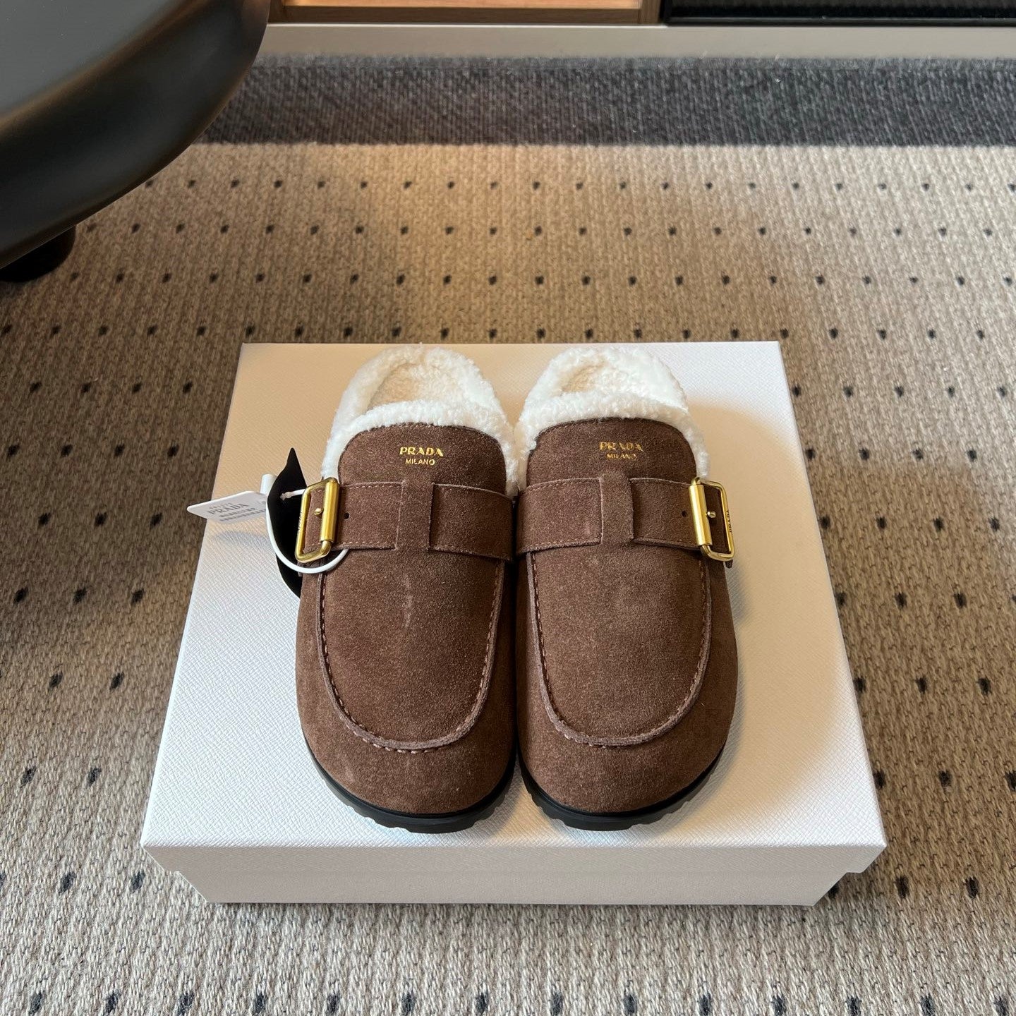 Prad 26s Clogs Coffee Suede Shearling 971696