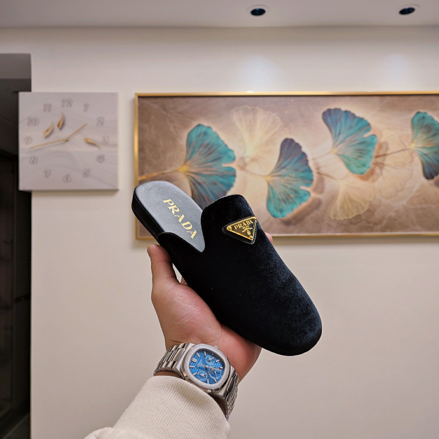 Prad 26s Square Toe Slippers In Black Velvet