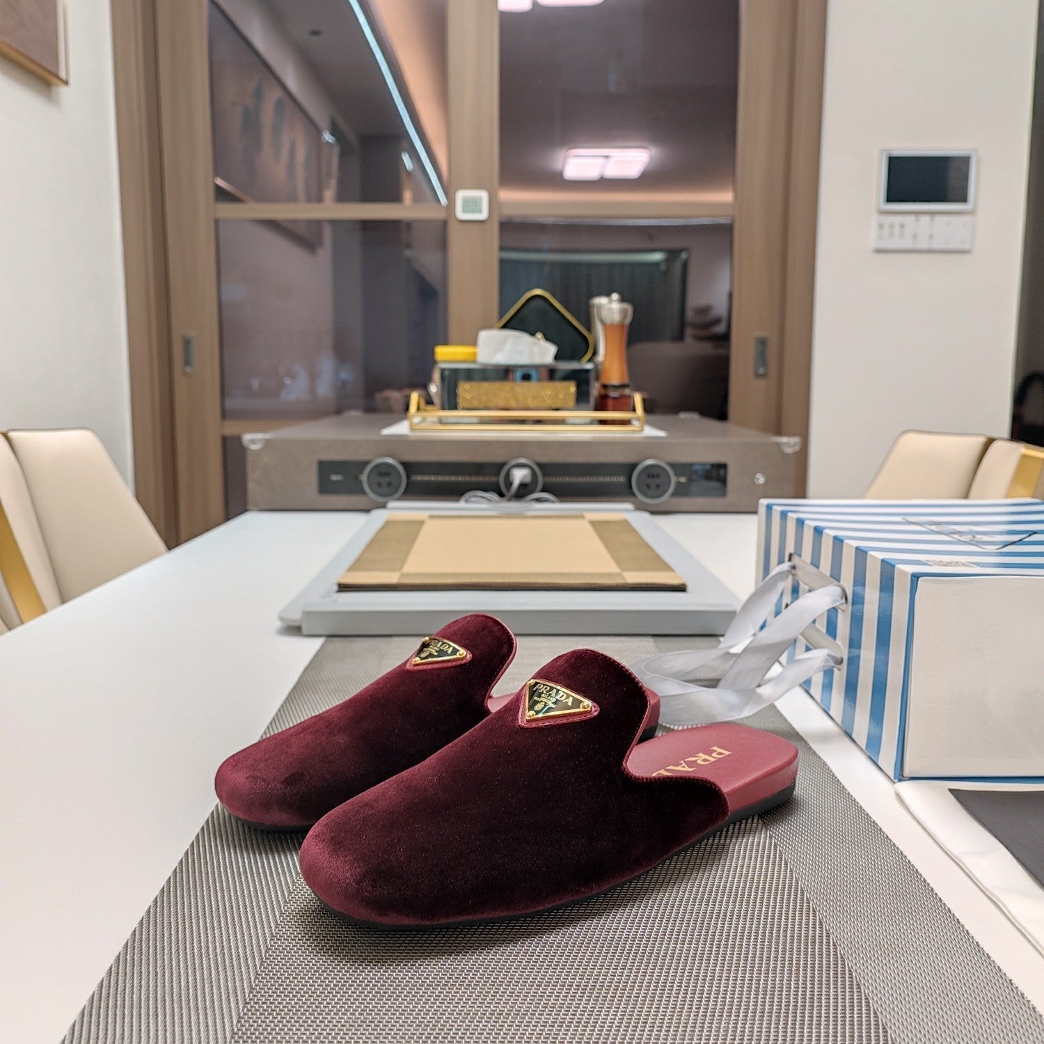 Prad 26s Square Toe Slippers In Burgundy Velvet
