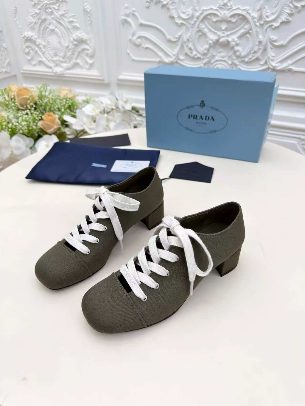 Prada 25 Mary Jane Shoes 55mm Dark Olive Fabric 564185