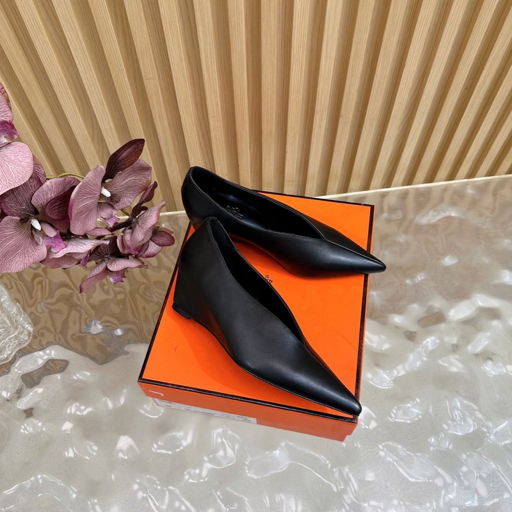 HERMES 25S HIGH-HEEL WEDGE SHOES 50 MM IN BLACK LAMBSKIN