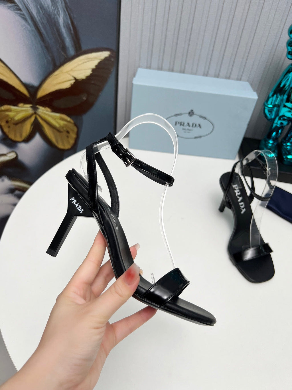 Prad 26s Ankle Strap Sandals Stiletto Heel 80mm In Black Shine Calfskin