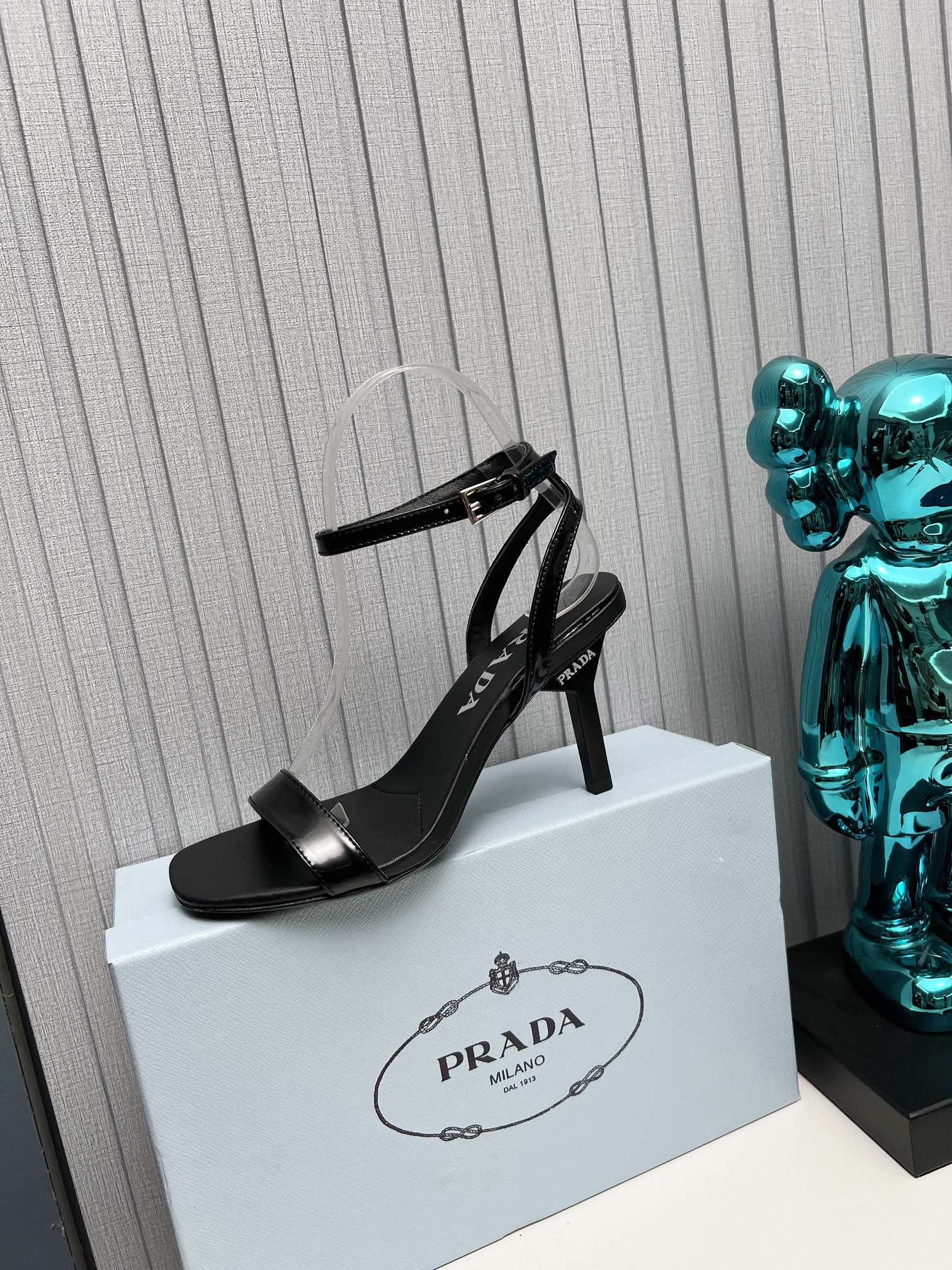 Prad 26s Ankle Strap Sandals Stiletto Heel 80mm In Black Shine Calfskin
