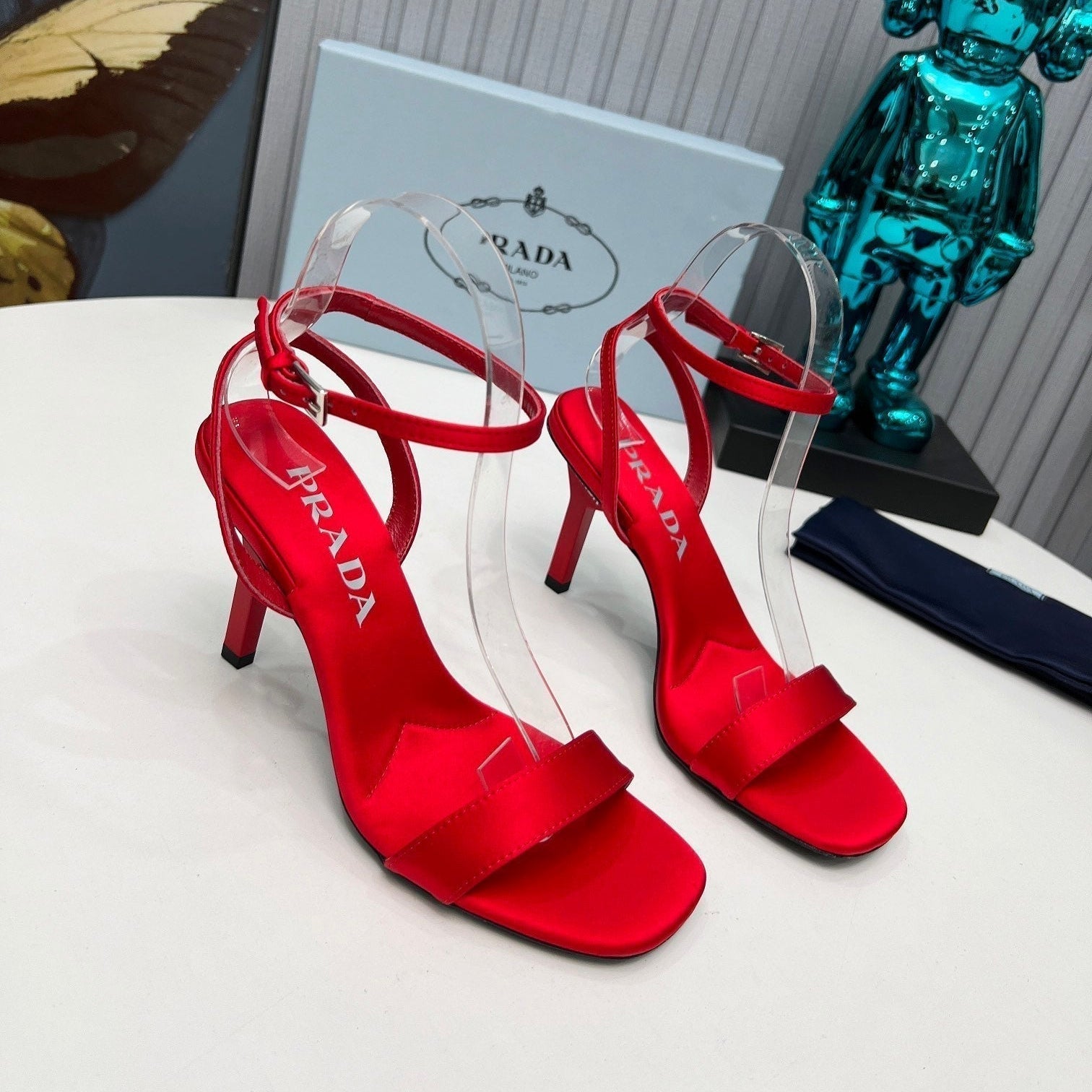 Prad 26s Ankle Strap Sandals Stiletto Heel 80mm In Dark Red Satin