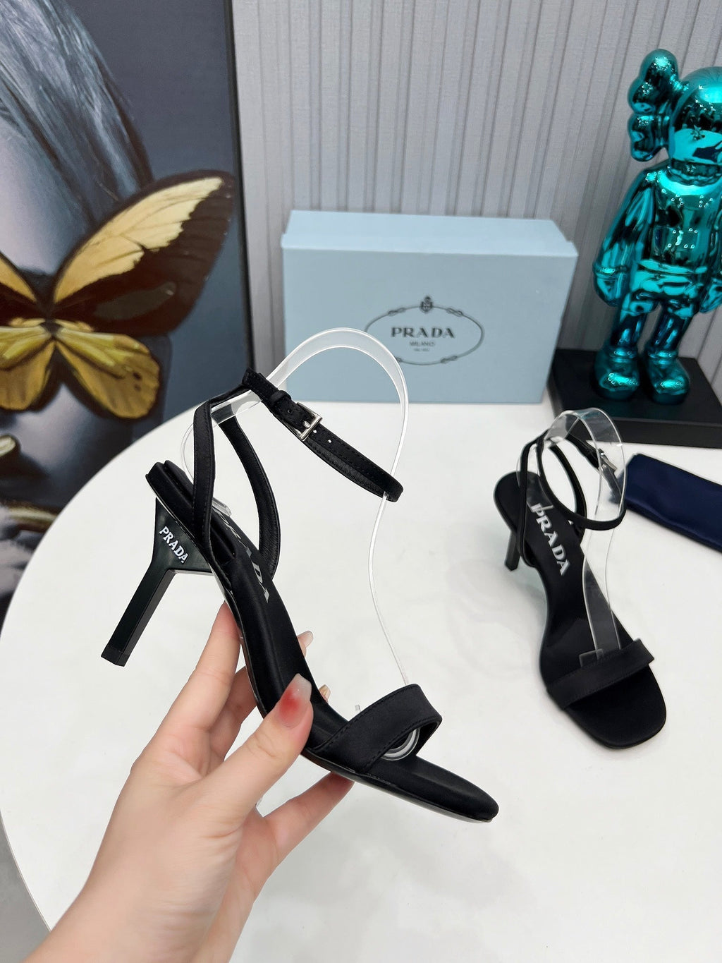 Prad 26s Ankle Strap Sandals Stiletto Heel 80mm In Black Satin
