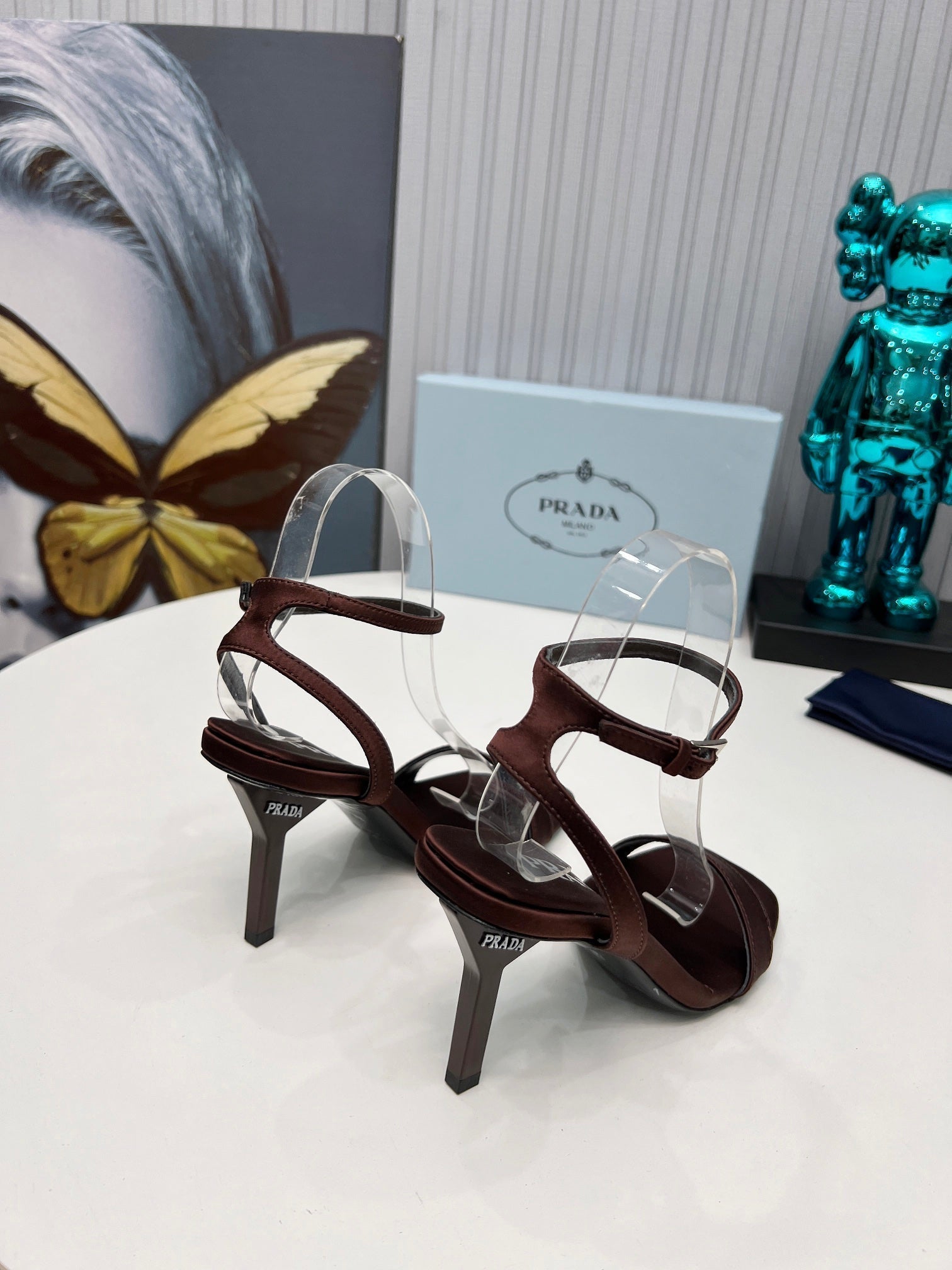 Prad 26s Ankle Strap Sandals Stiletto Heel 80mm In Dark Brown Satin