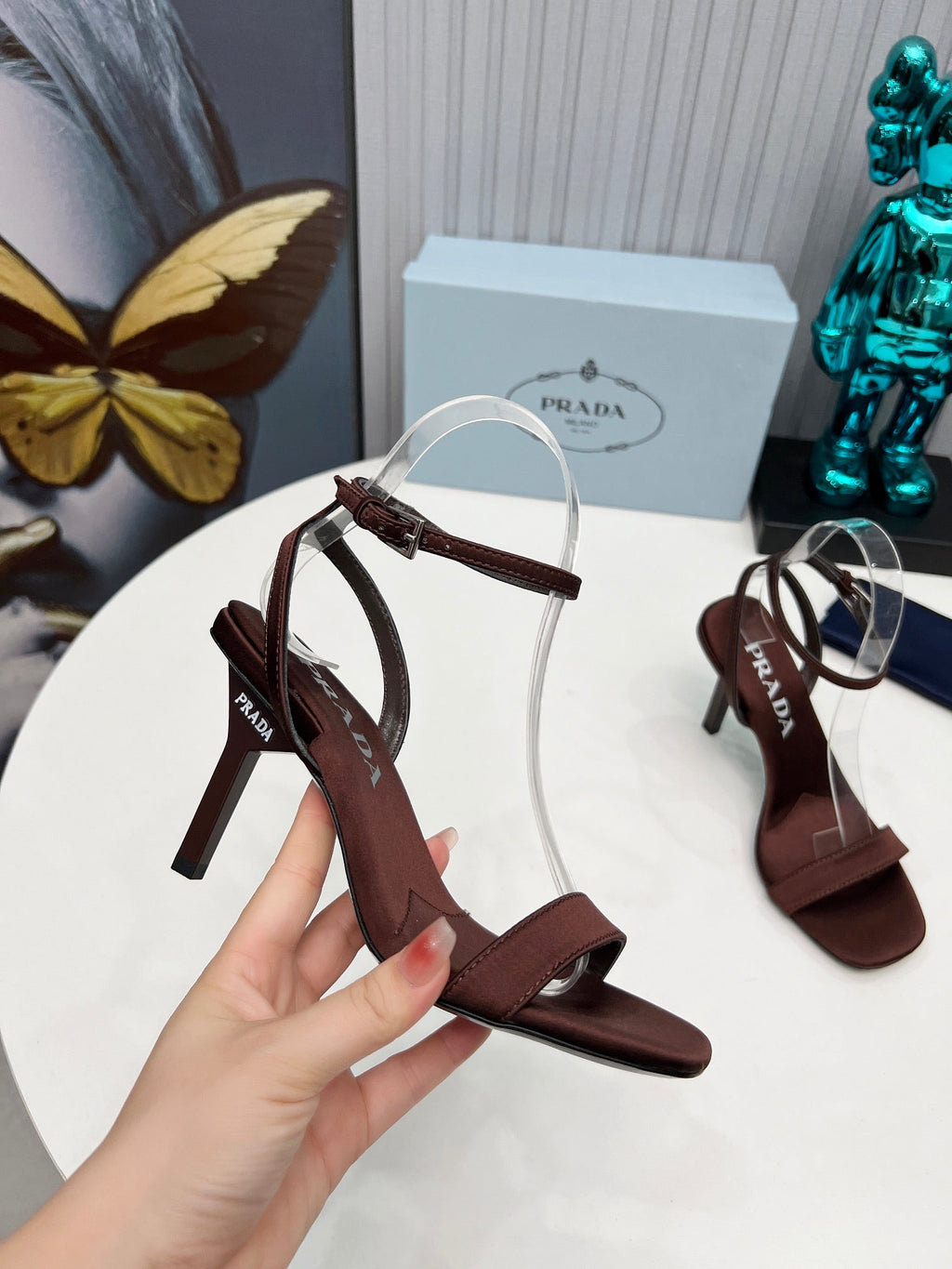 Prad 26s Ankle Strap Sandals Stiletto Heel 80mm In Dark Brown Satin