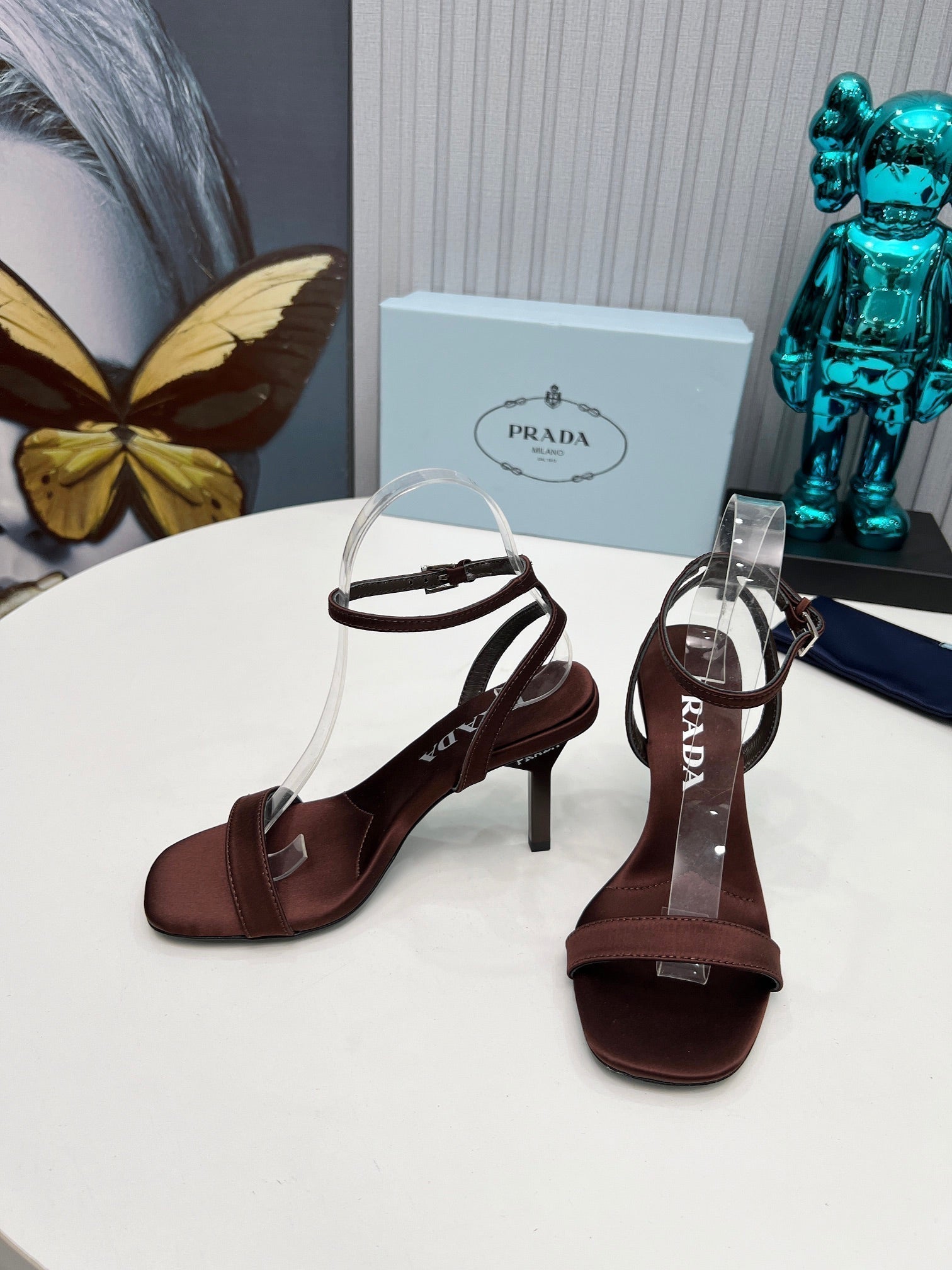 Prad 26s Ankle Strap Sandals Stiletto Heel 80mm In Dark Brown Satin