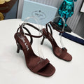 Prad 26s Ankle Strap Sandals Stiletto Heel 80mm In Dark Brown Satin