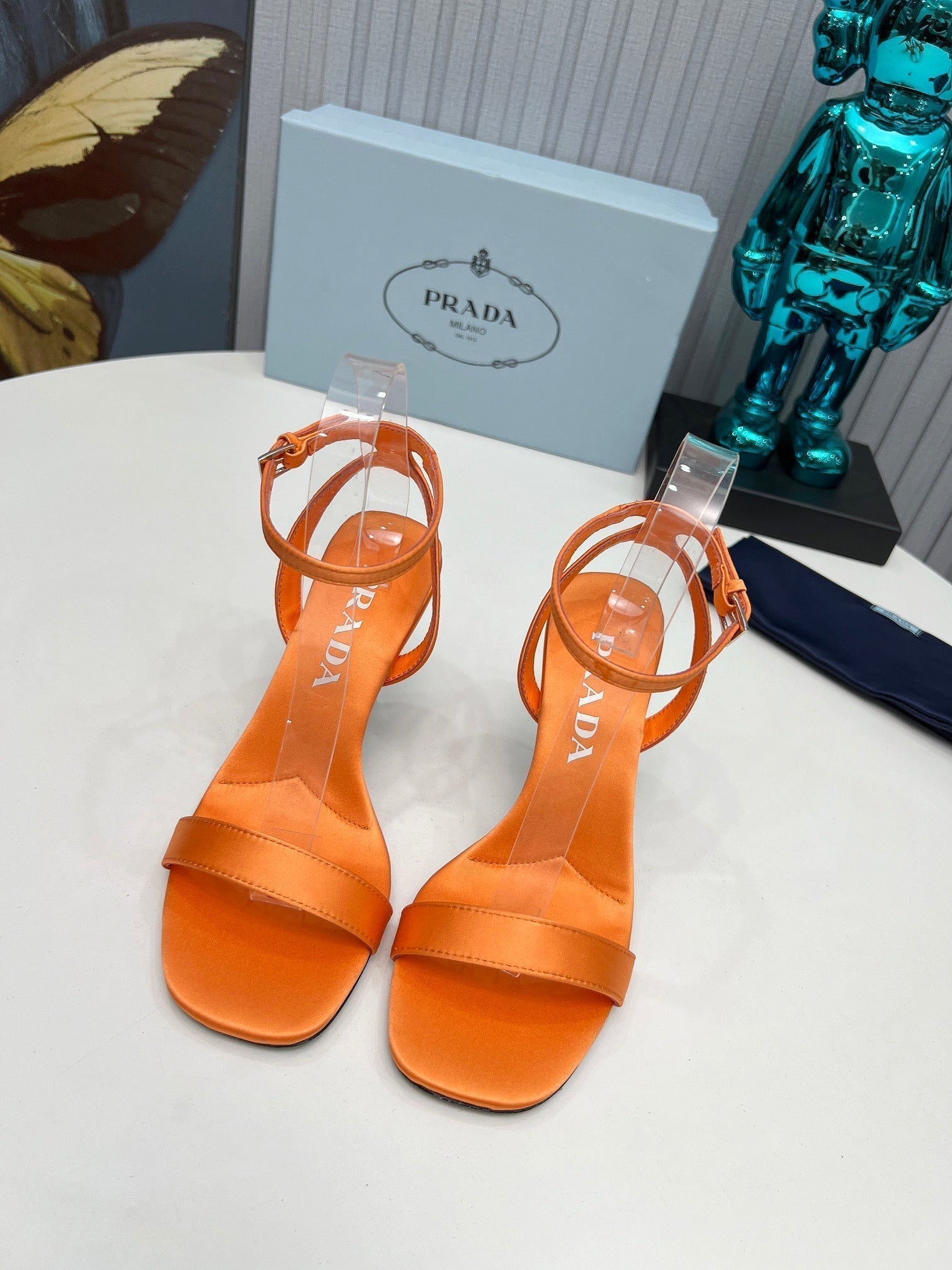 Prad 26s Ankle Strap Sandals Stiletto Heel 80mm In Orange Satin
