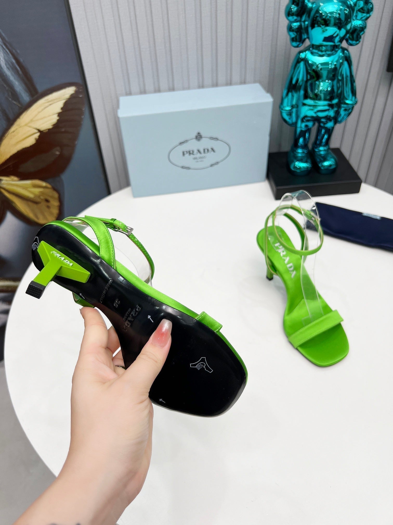 Prad 26s Ankle Strap Sandals Stiletto Heel 80mm In Lime Green Satin