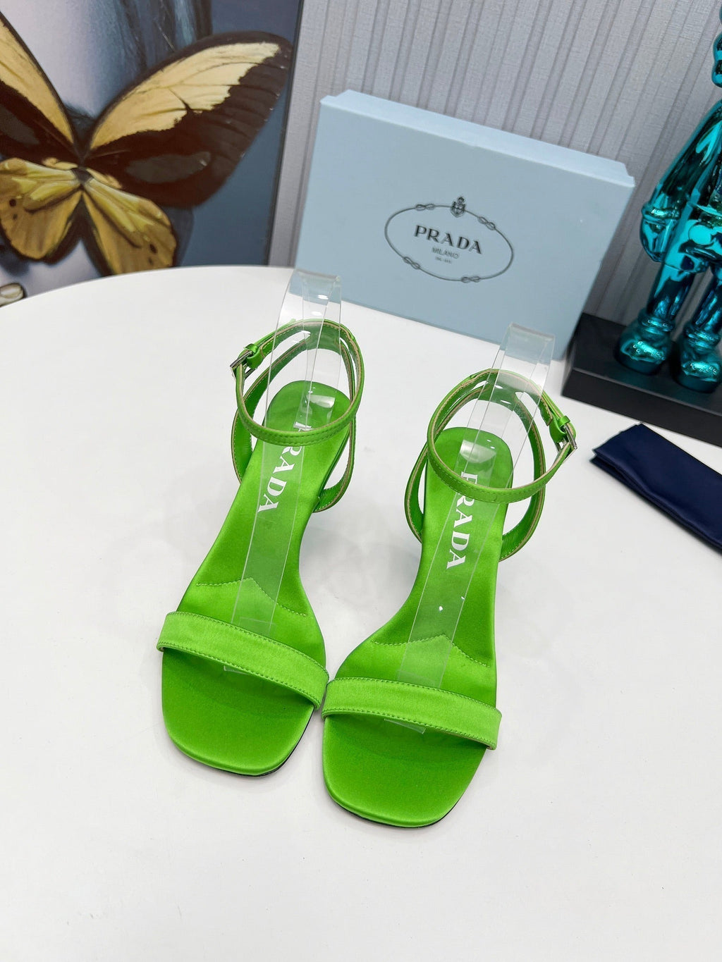 Prad 26s Ankle Strap Sandals Stiletto Heel 80mm In Lime Green Satin