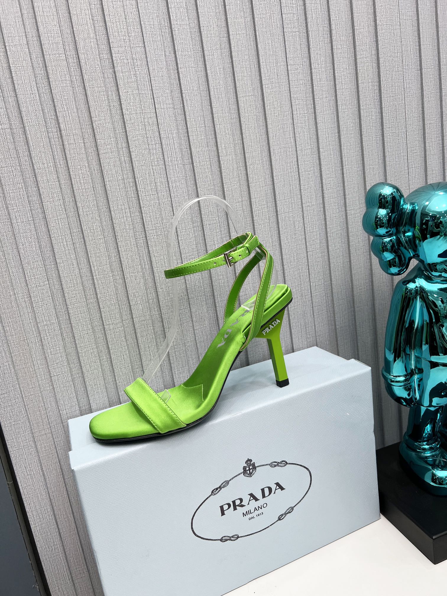 Prad 26s Ankle Strap Sandals Stiletto Heel 80mm In Lime Green Satin
