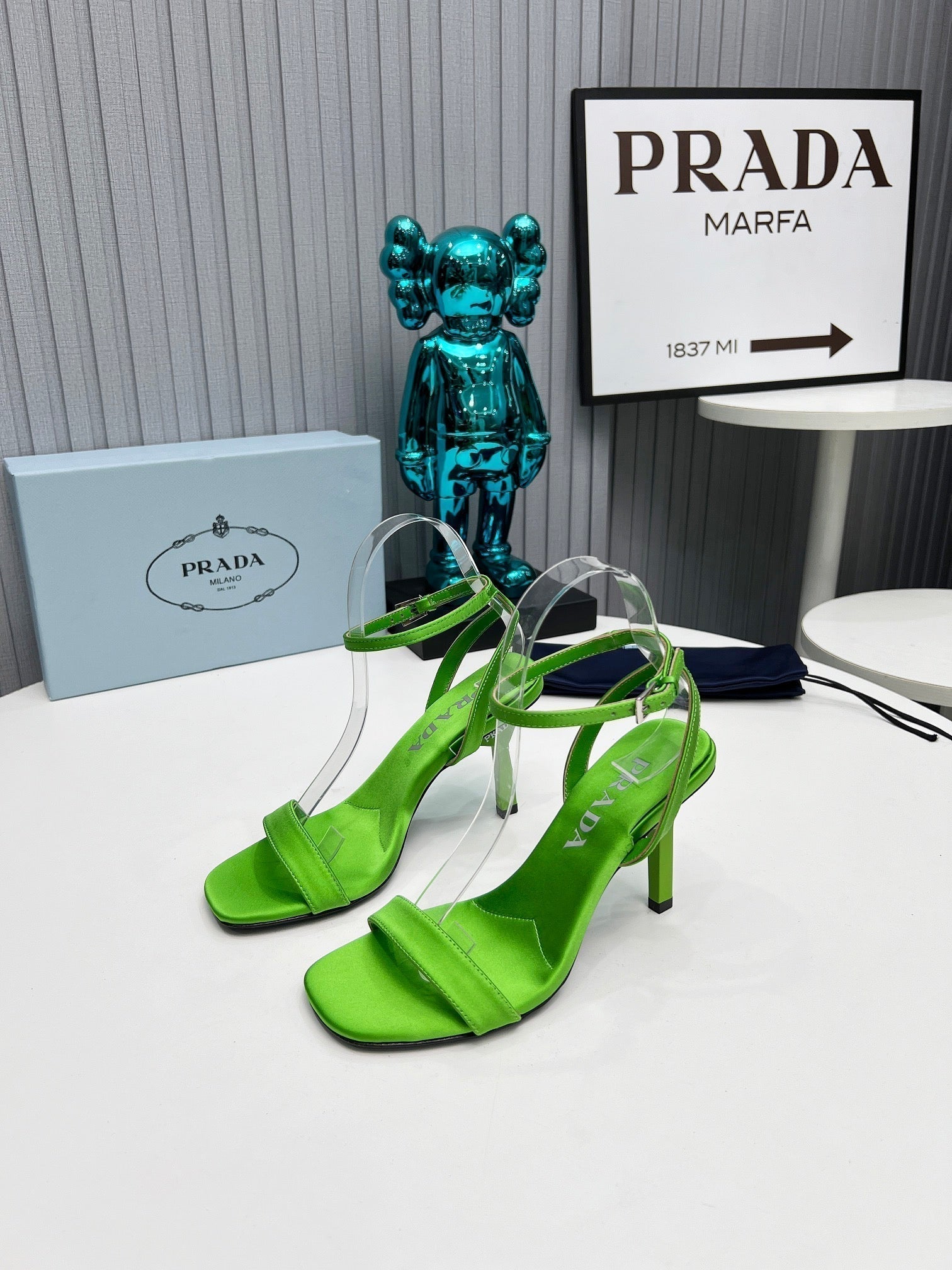 Prad 26s Ankle Strap Sandals Stiletto Heel 80mm In Lime Green Satin