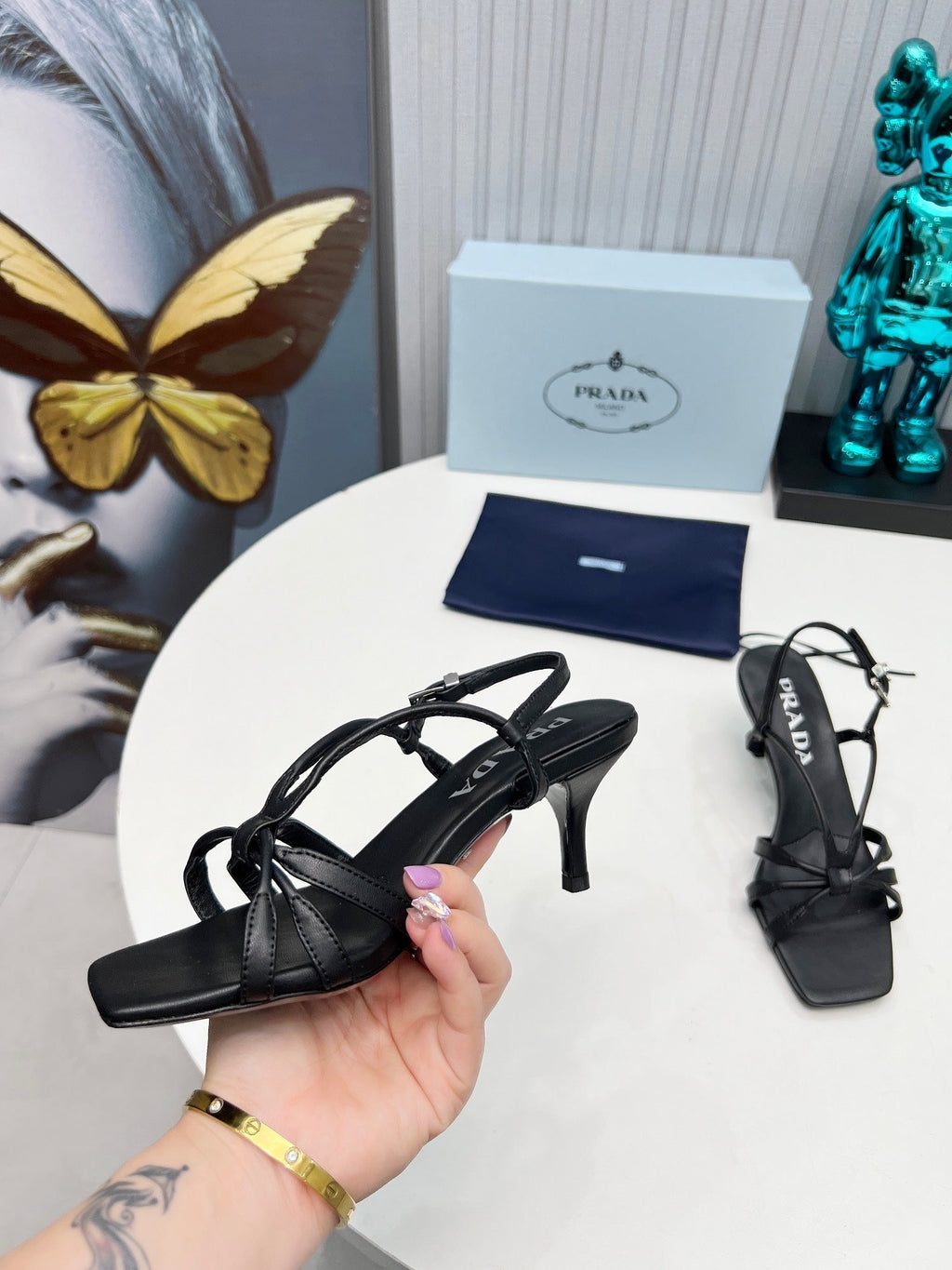 Prad 26s Strappy Sandals Stiletto Heel 60mm In Black Calfskin