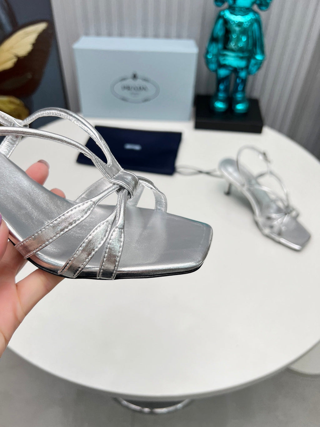Prad 26s Strappy Sandals Stiletto Heel 60mm In Silver Calfskin