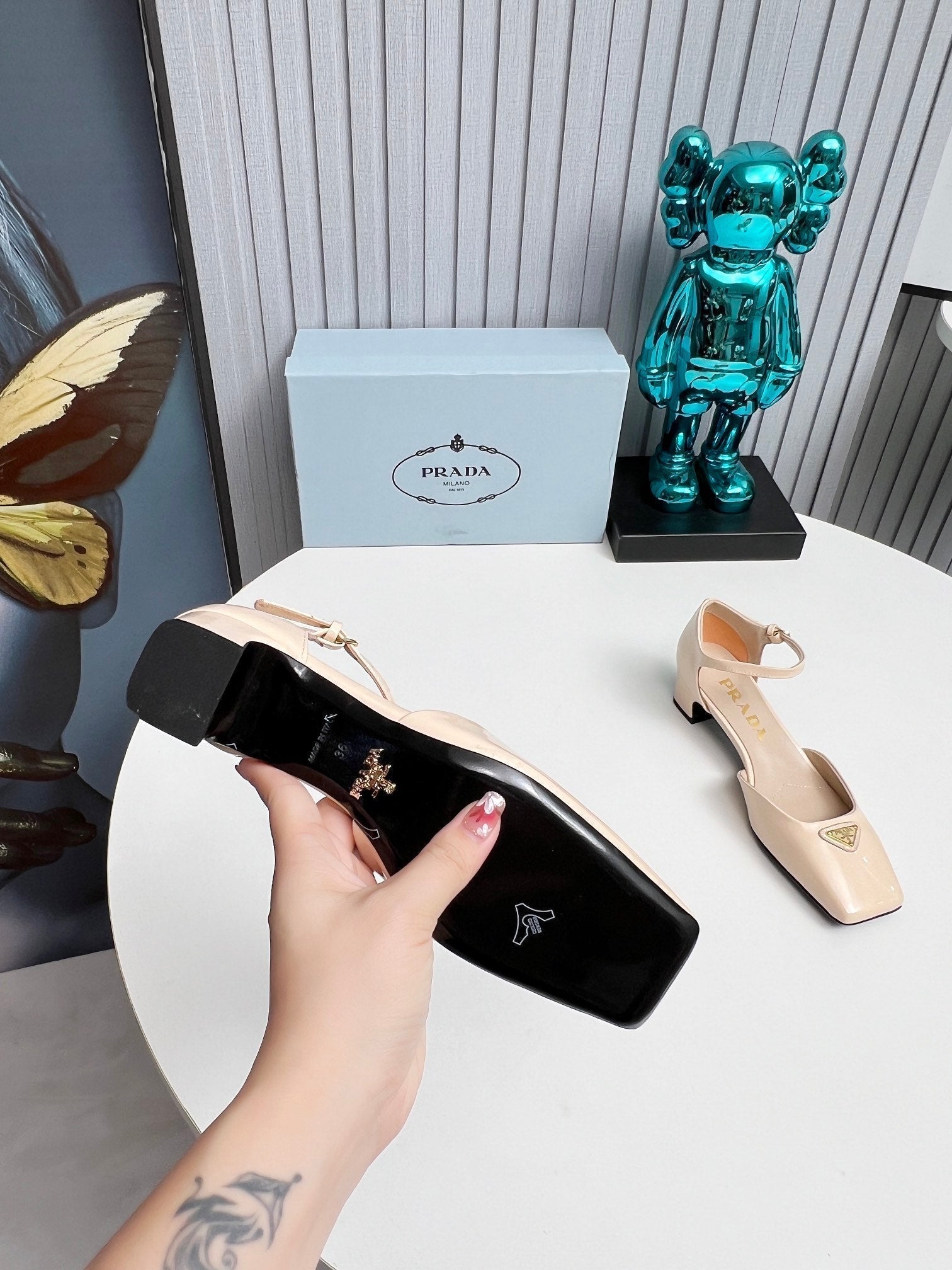 Prad 26s Ankle Strap Pumps 40mm In Nude Beige Patent Calfskin Triangle Logo