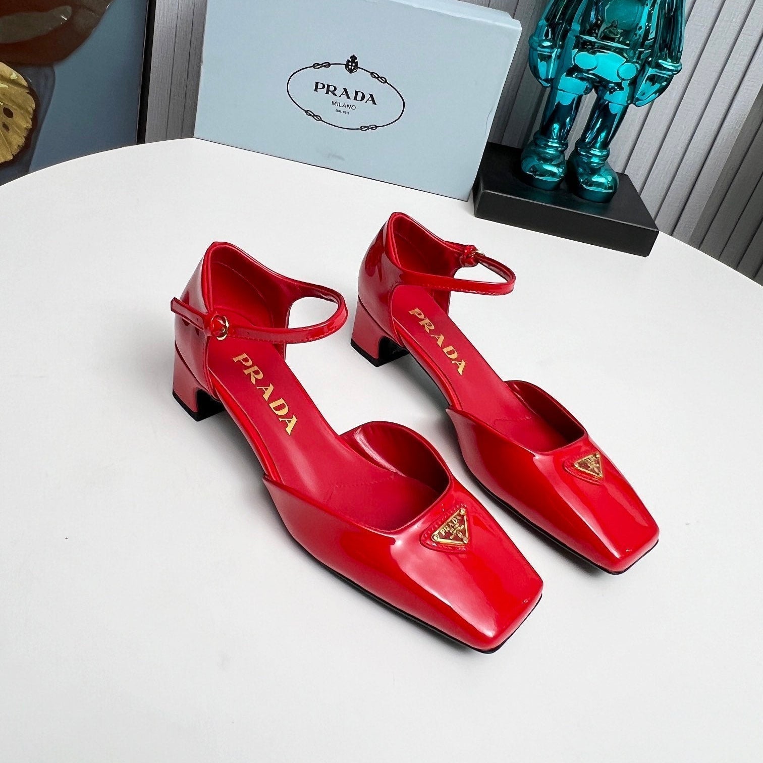 Prad 26s Ankle Strap Pumps 40mm In Red Patent Calfskin Triangle Logo