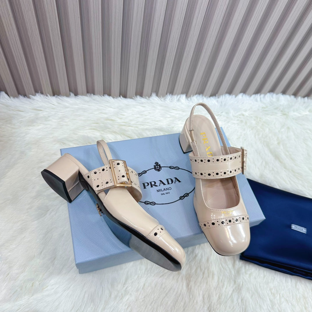 Prad 26s Square Toe Studded Slingback Block Heel 40mm In Beige Patent Calfskin
