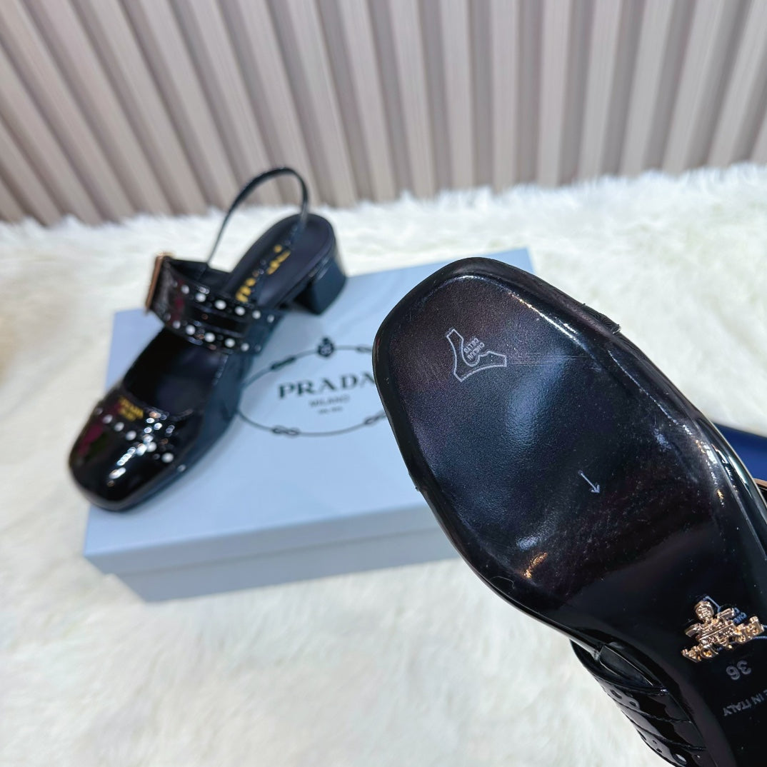 Prad 26s Square Toe Studded Slingback Block Heel 40mm In Black Patent Calfskin
