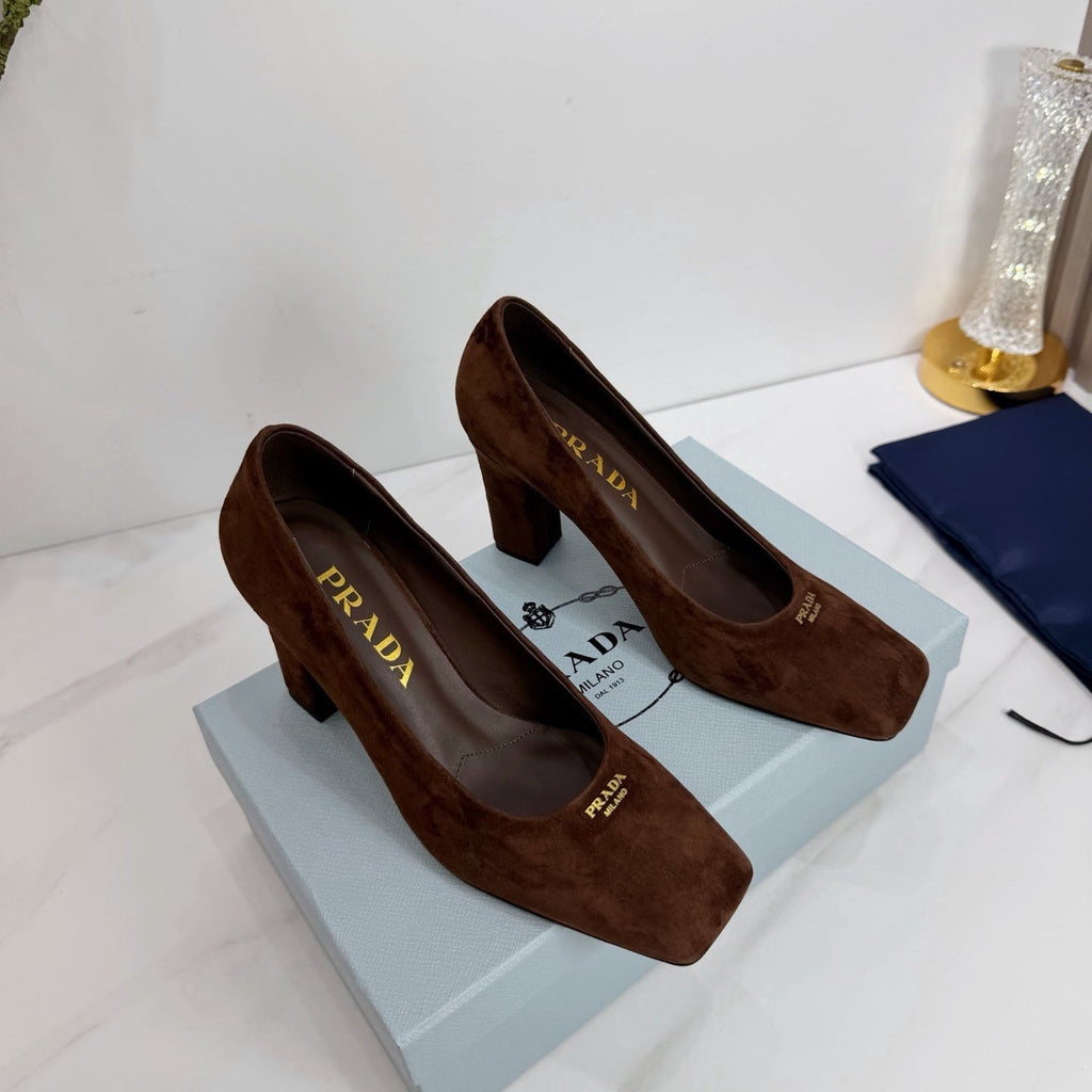 PRA 26SS Square-toe Block Heels 85 Dark Brown Suede 592362