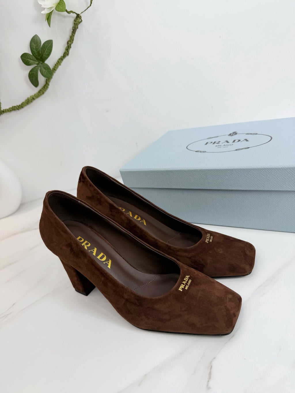 PRA 26SS Square-toe Block Heels 85 Dark Brown Suede 592362