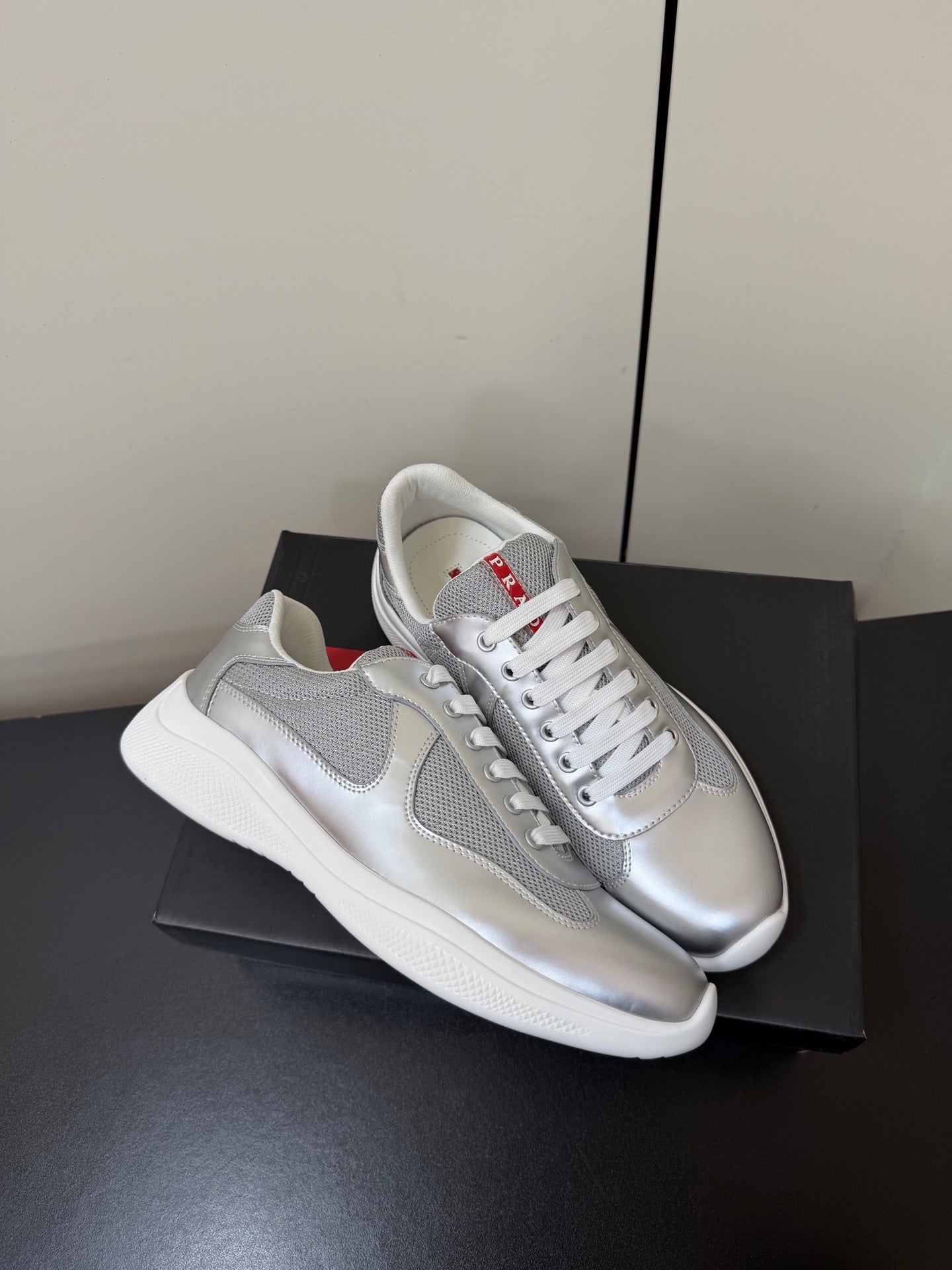 Prada America's Cup Sneaker Sliver Metalic Leather 618917