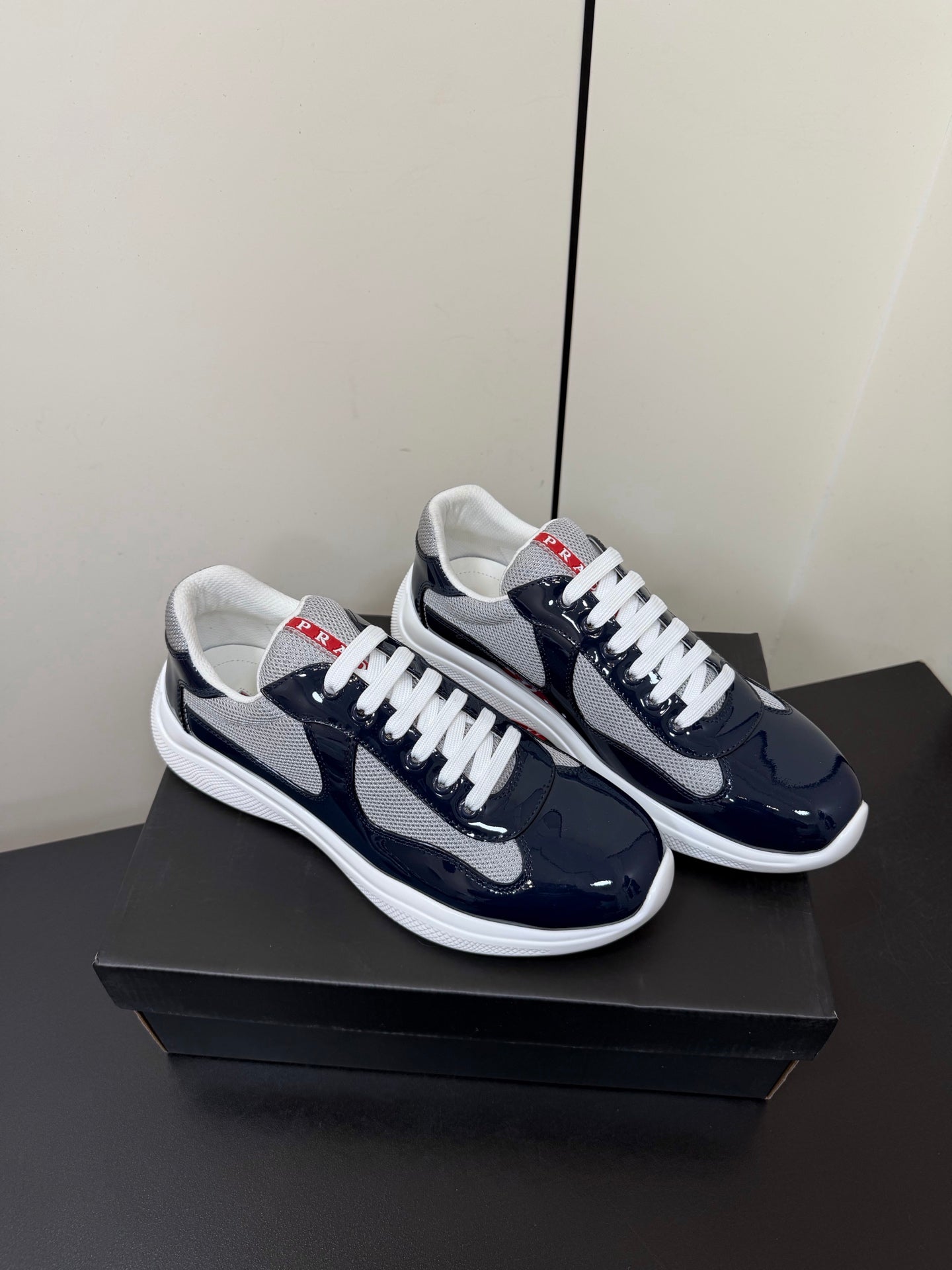 Prada America's Cup Sneaker Black White Patent Leather Mesh 618929