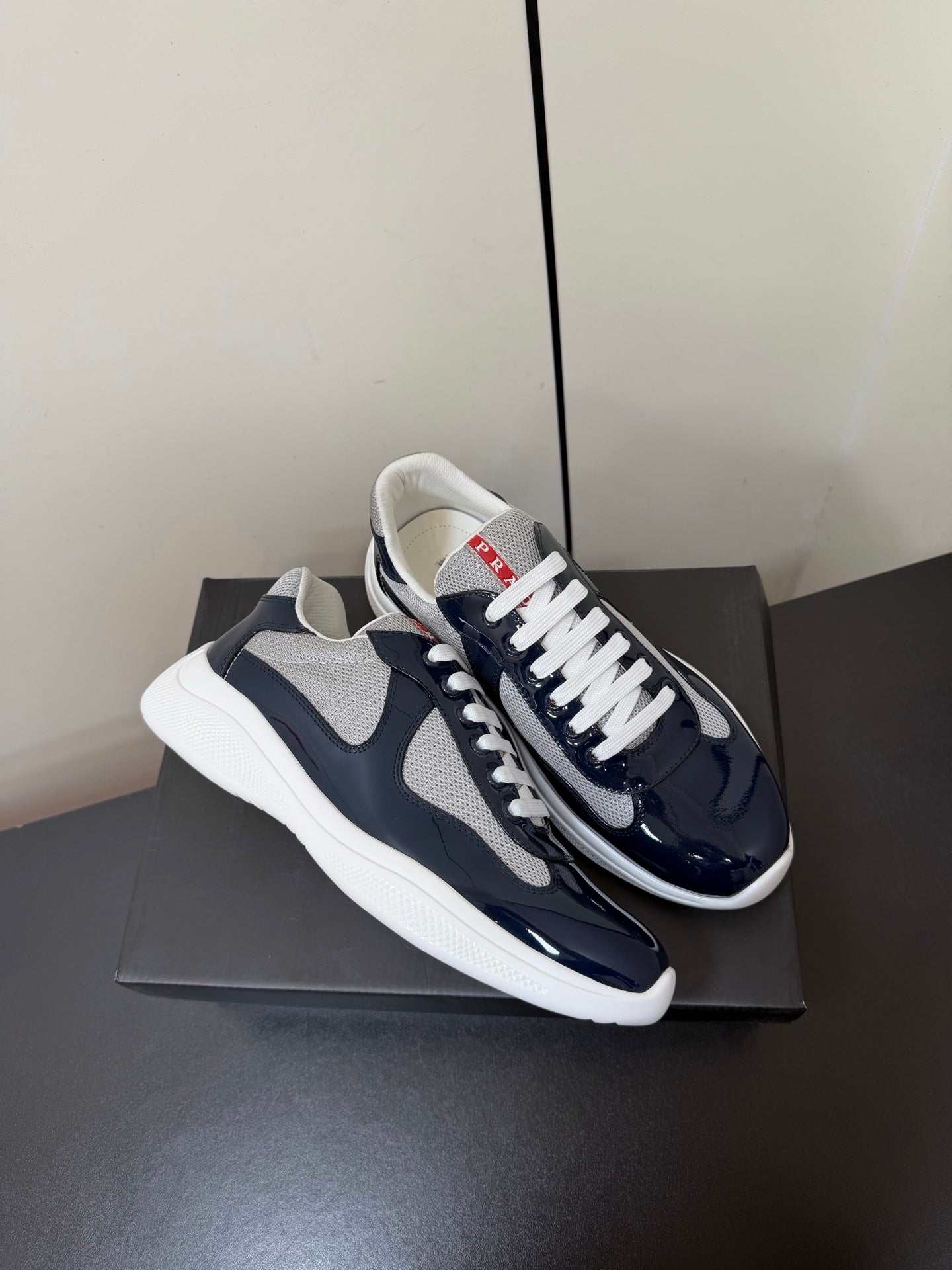 Prada America's Cup Sneaker Black White Patent Leather Mesh 618929