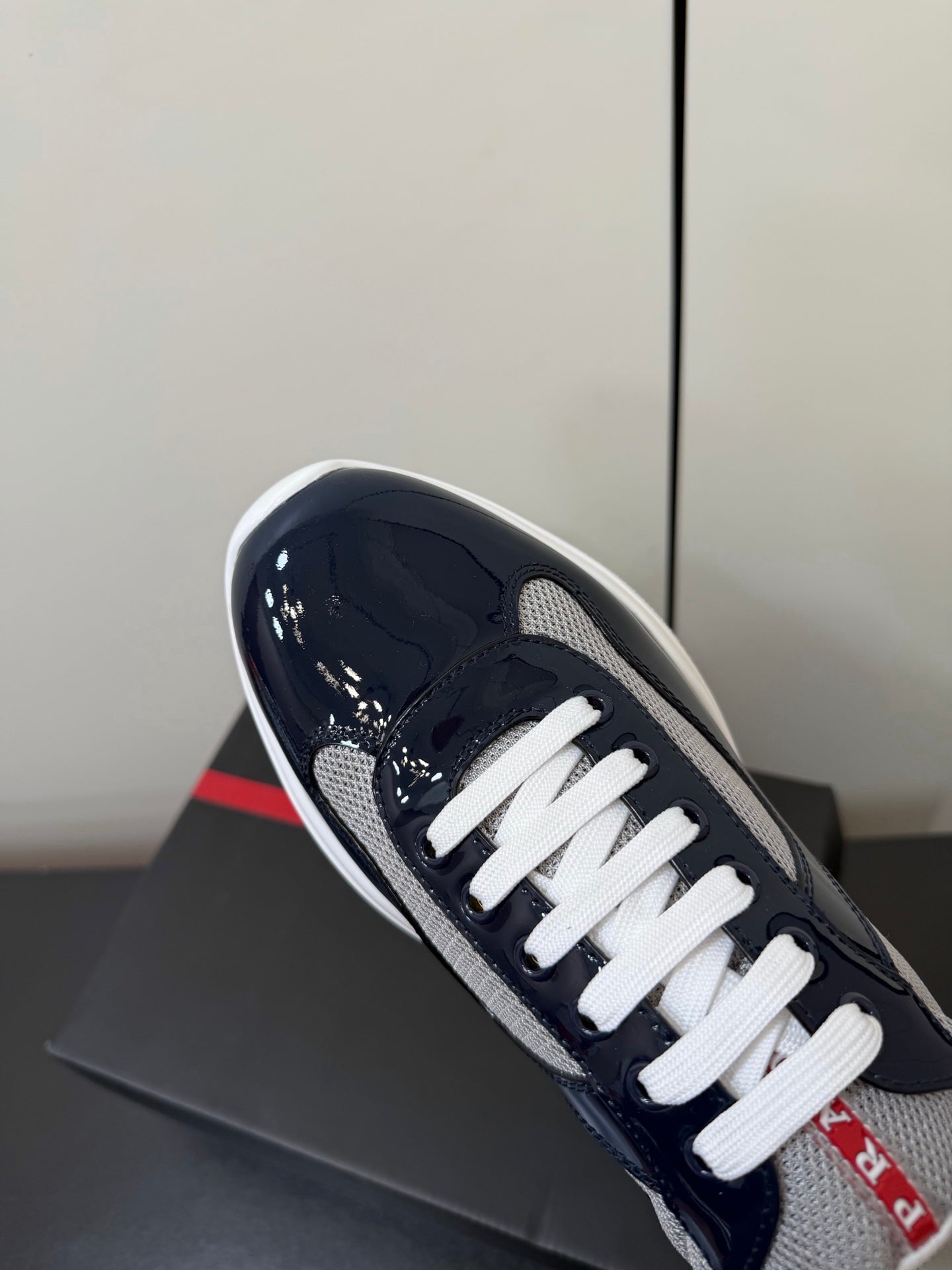 Prada America's Cup Sneaker Black White Patent Leather Mesh 618929