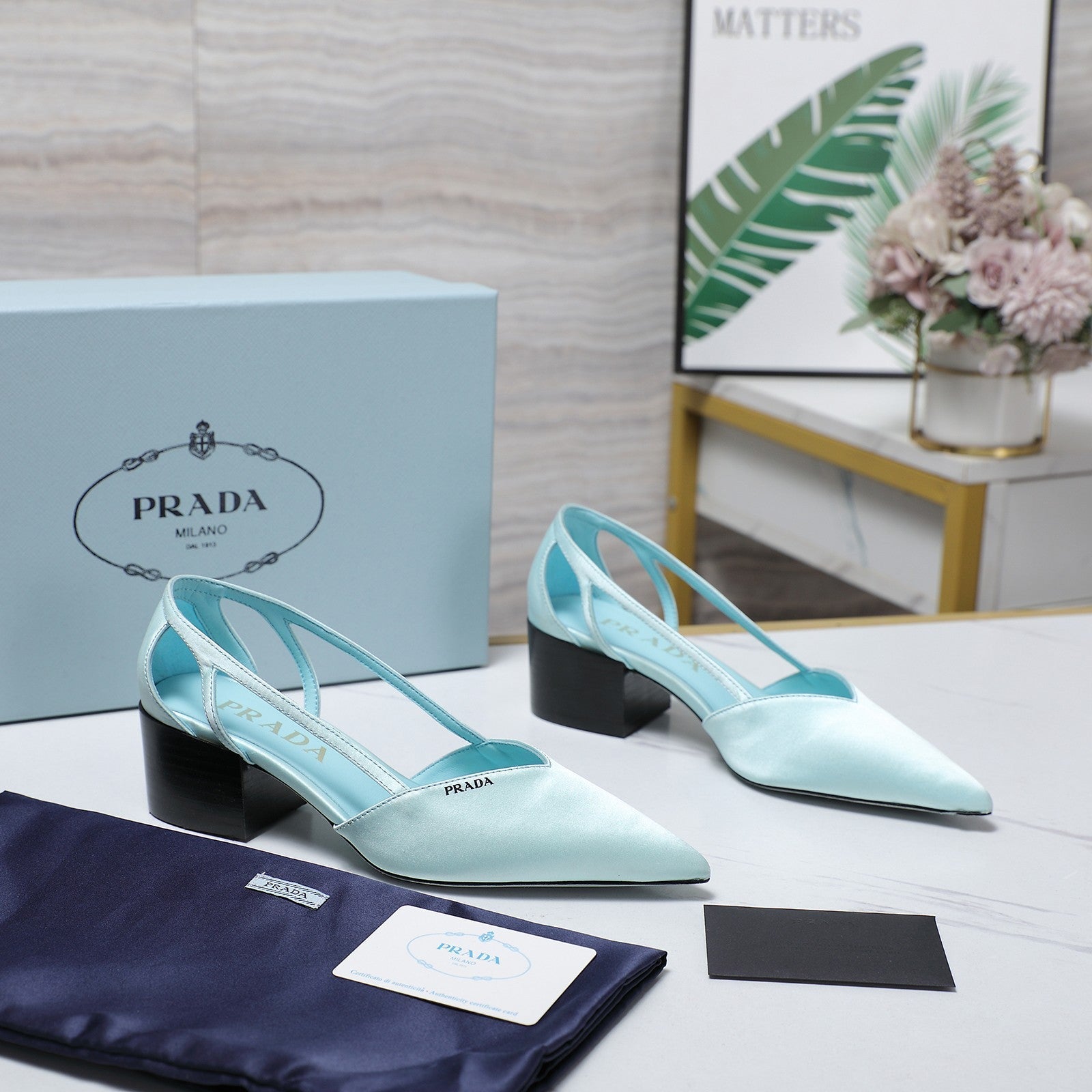 Prada Cutout Satin Pointy-Toe Pump 50mm Blue Satin 456273
