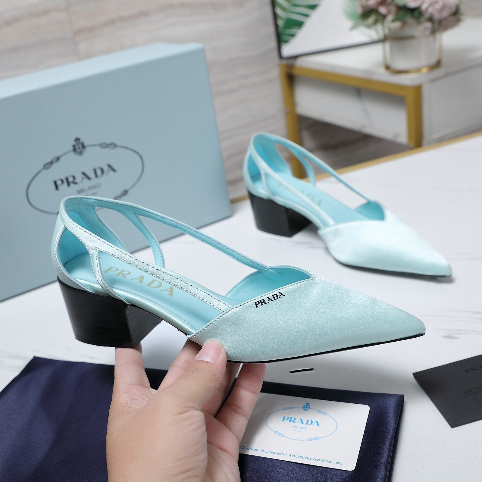 Prada Cutout Satin Pointy-Toe Pump 50mm Blue Satin 456273