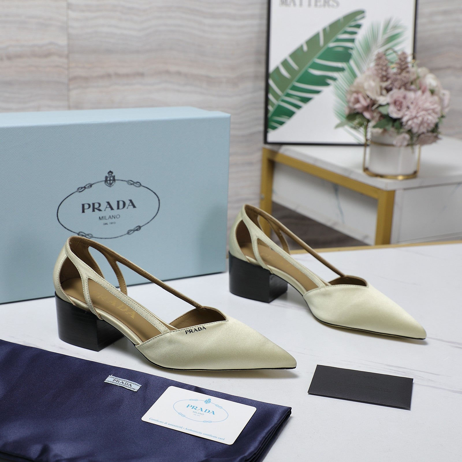 Prada Cutout Satin Pointy-Toe Pump 50mm Off-White Satin 456275