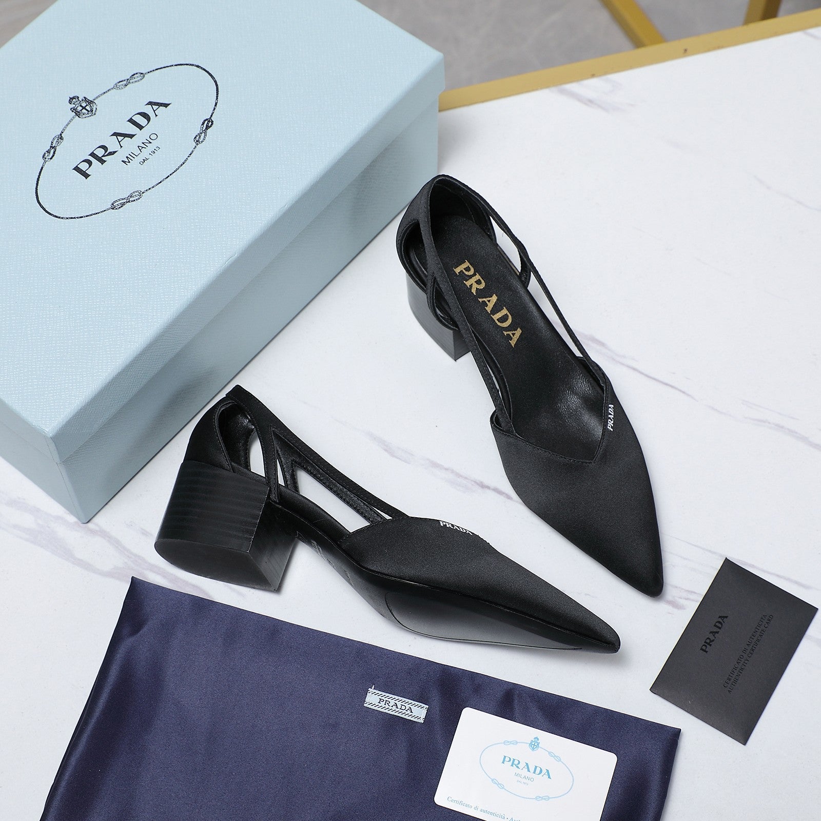 Prada Cutout Satin Pointy-Toe Pump 50mm Black Satin 456276