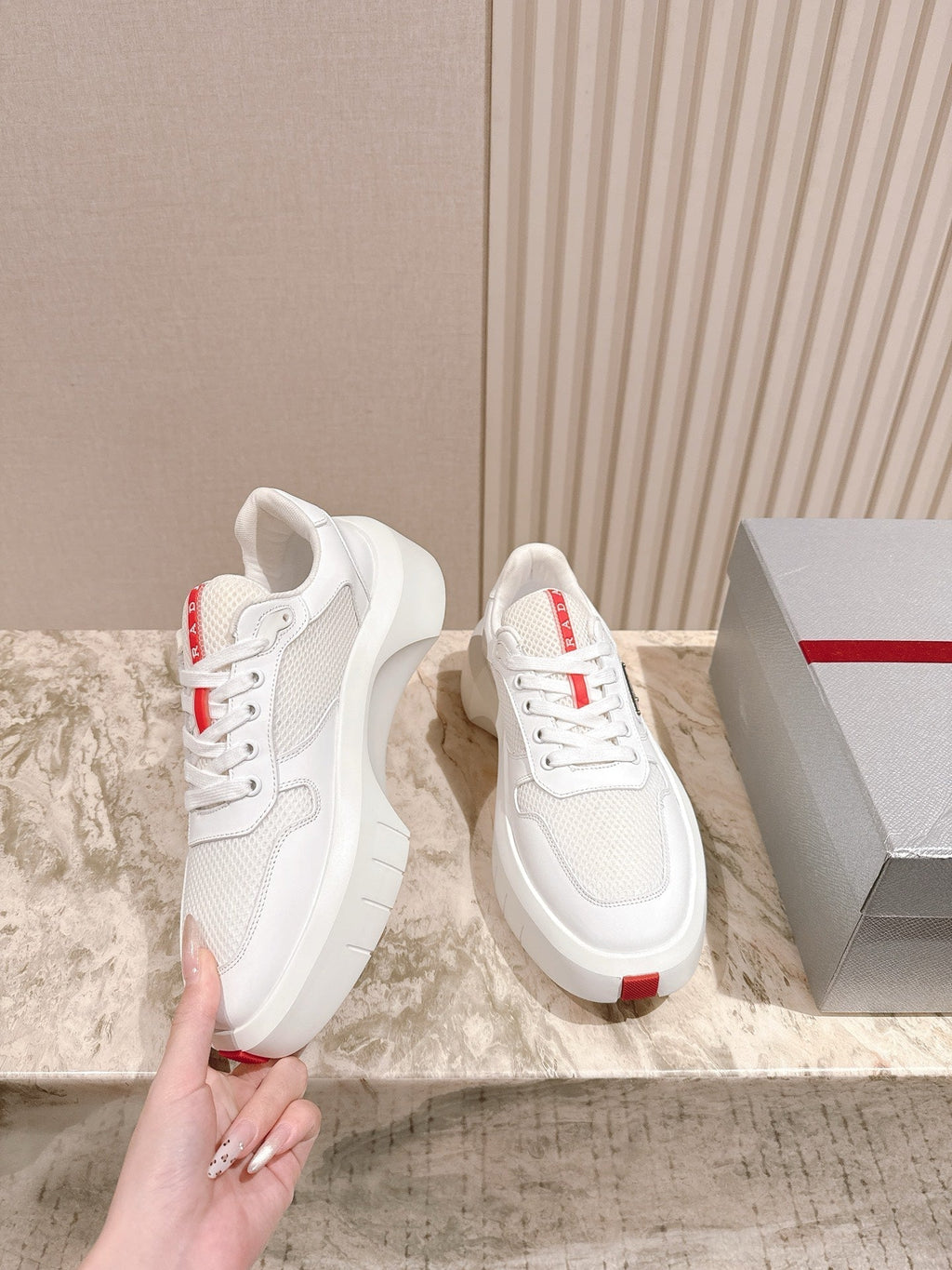 PRADA 25S SPORTY SNEAKERS 45MM WHITE RED COWHIDE