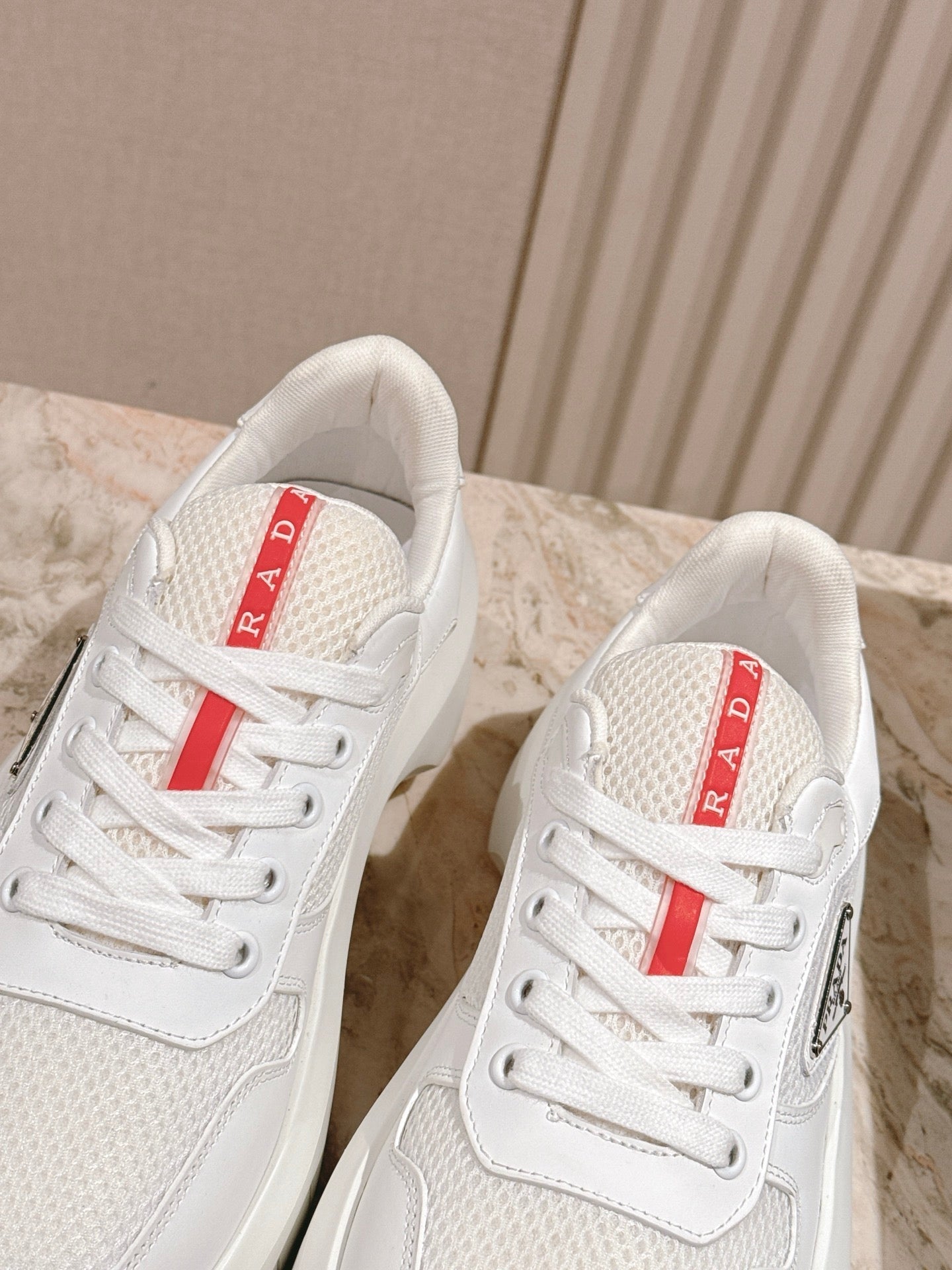 PRADA 25S SPORTY SNEAKERS 45MM WHITE RED COWHIDE