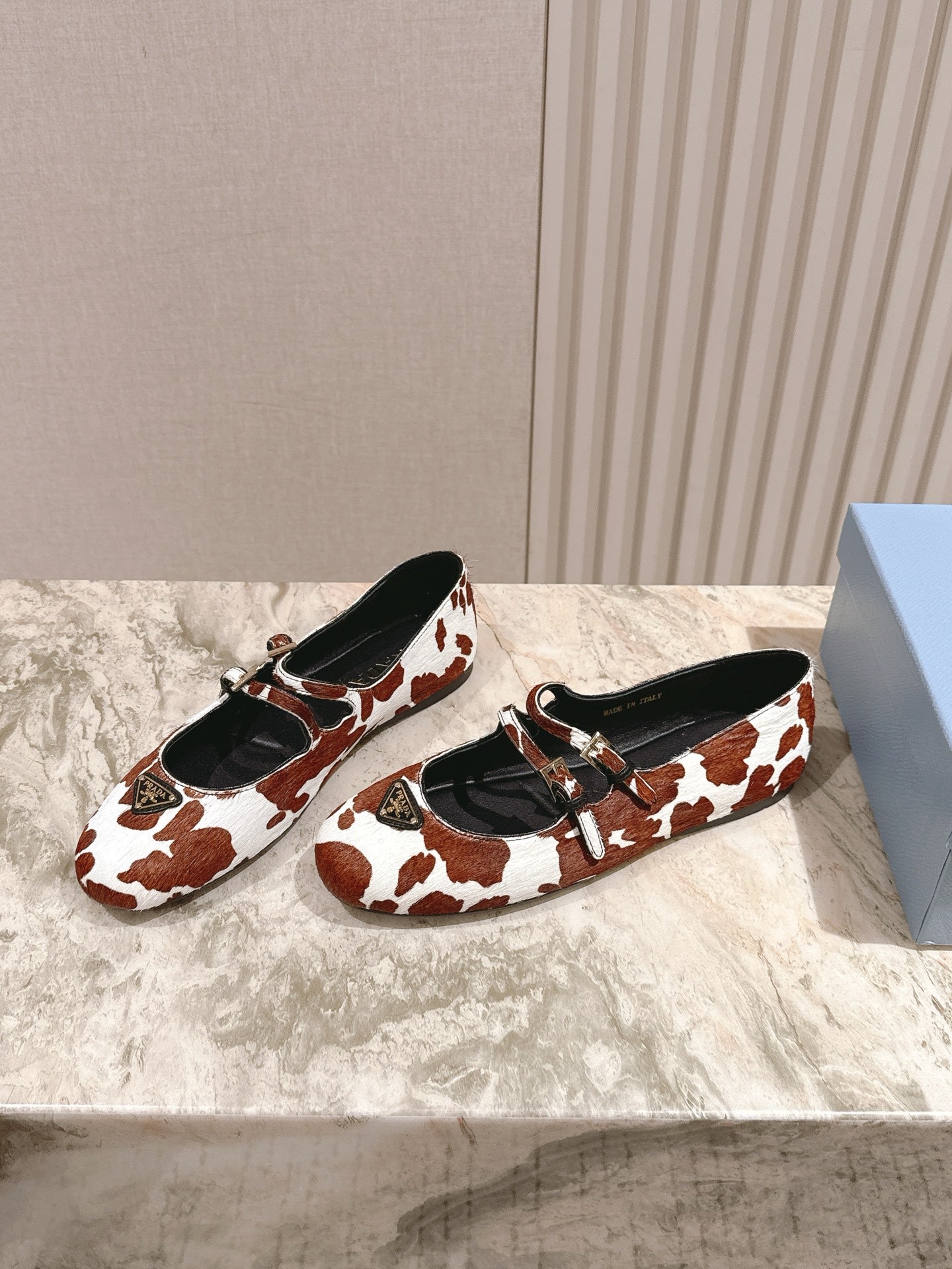 PRA 25s Ballet Flats with Small Buckle Brown White Cow Printed Calf-hair 449702