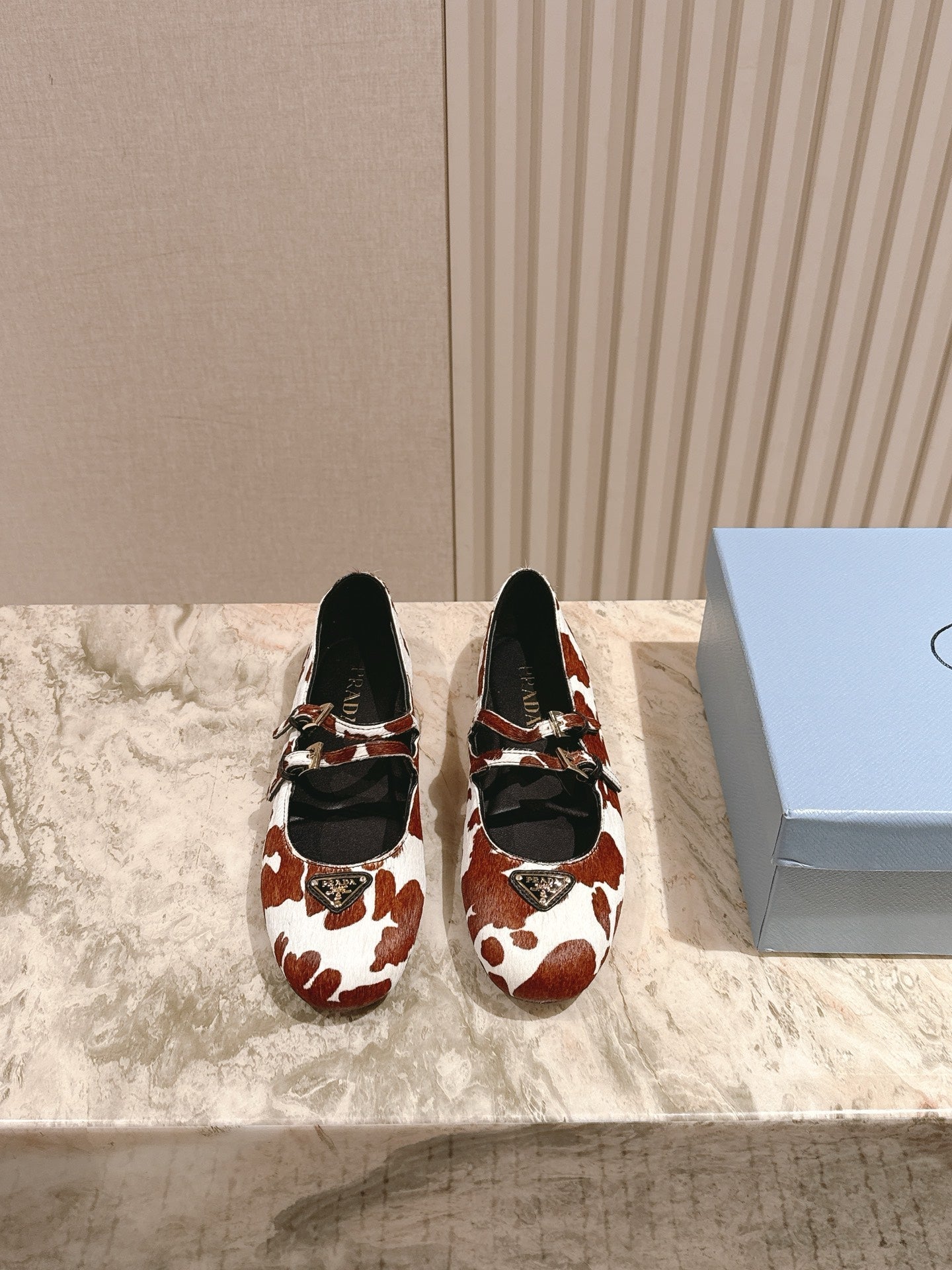 PRA 25s Ballet Flats with Small Buckle Brown White Cow Printed Calf-hair 449702