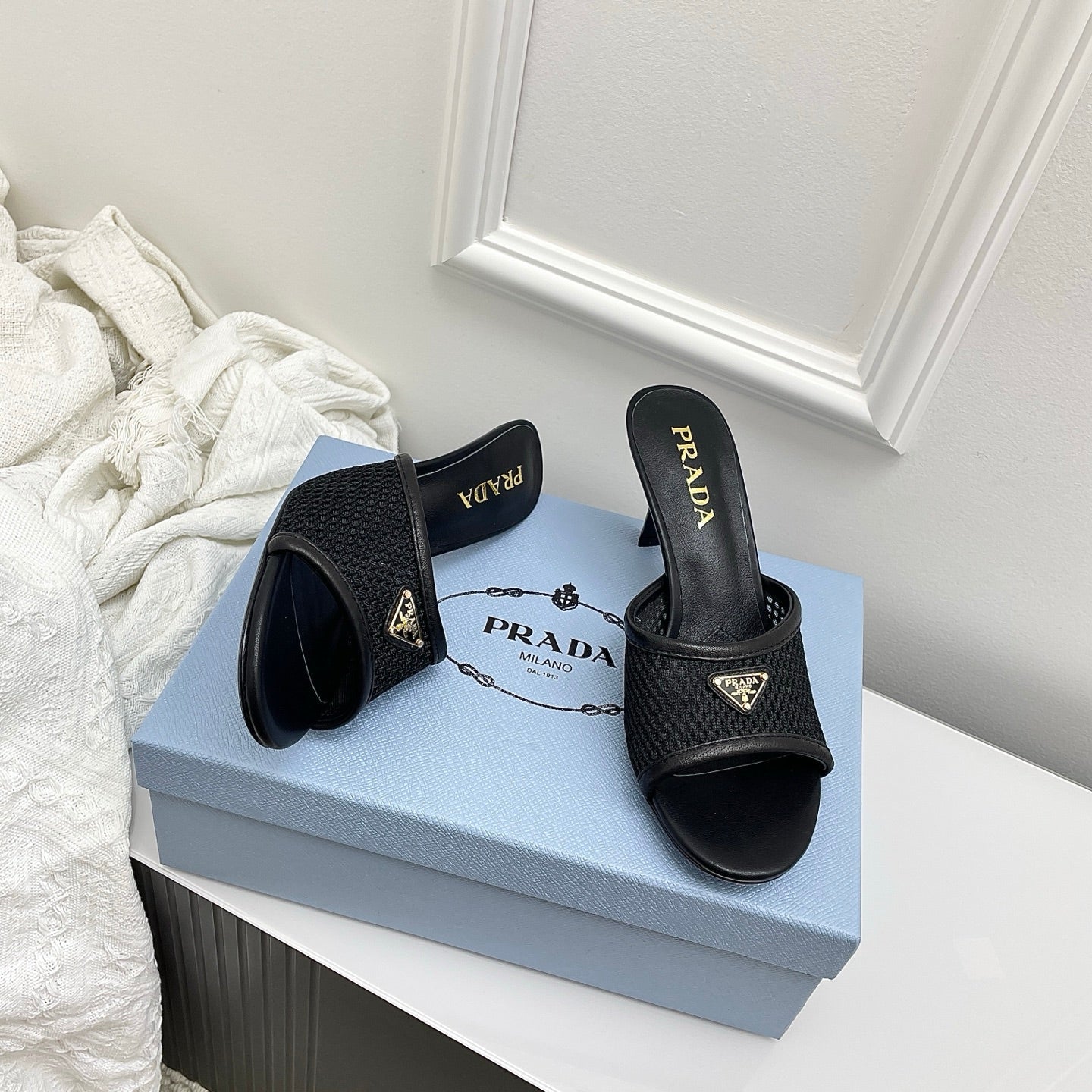 Prada 26s Mules Black Mesh Leather 726971