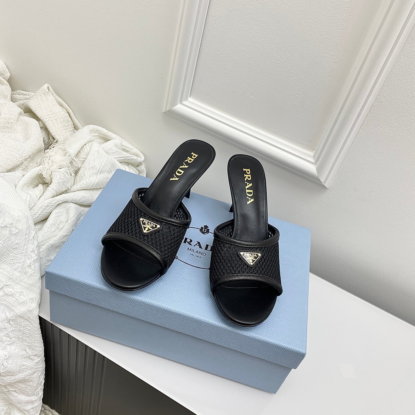 Prada 26s Mules Black Mesh Leather 726971